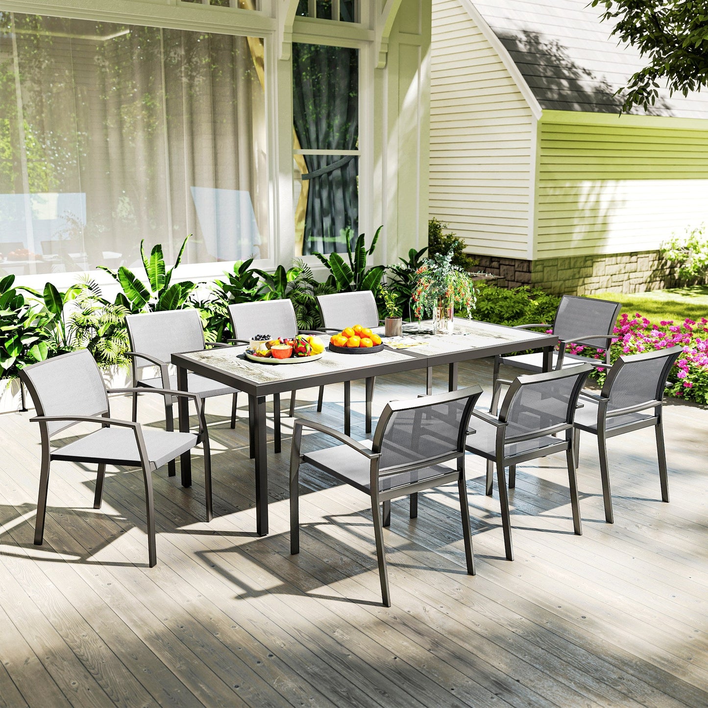 9 Pieces Patio Dining Set, Outdoor Dining Set with Easy Clean Tabletop & Stackable Breathable Chairs, Patio Table and Chairs Set for Backyard, Garden, Poolside