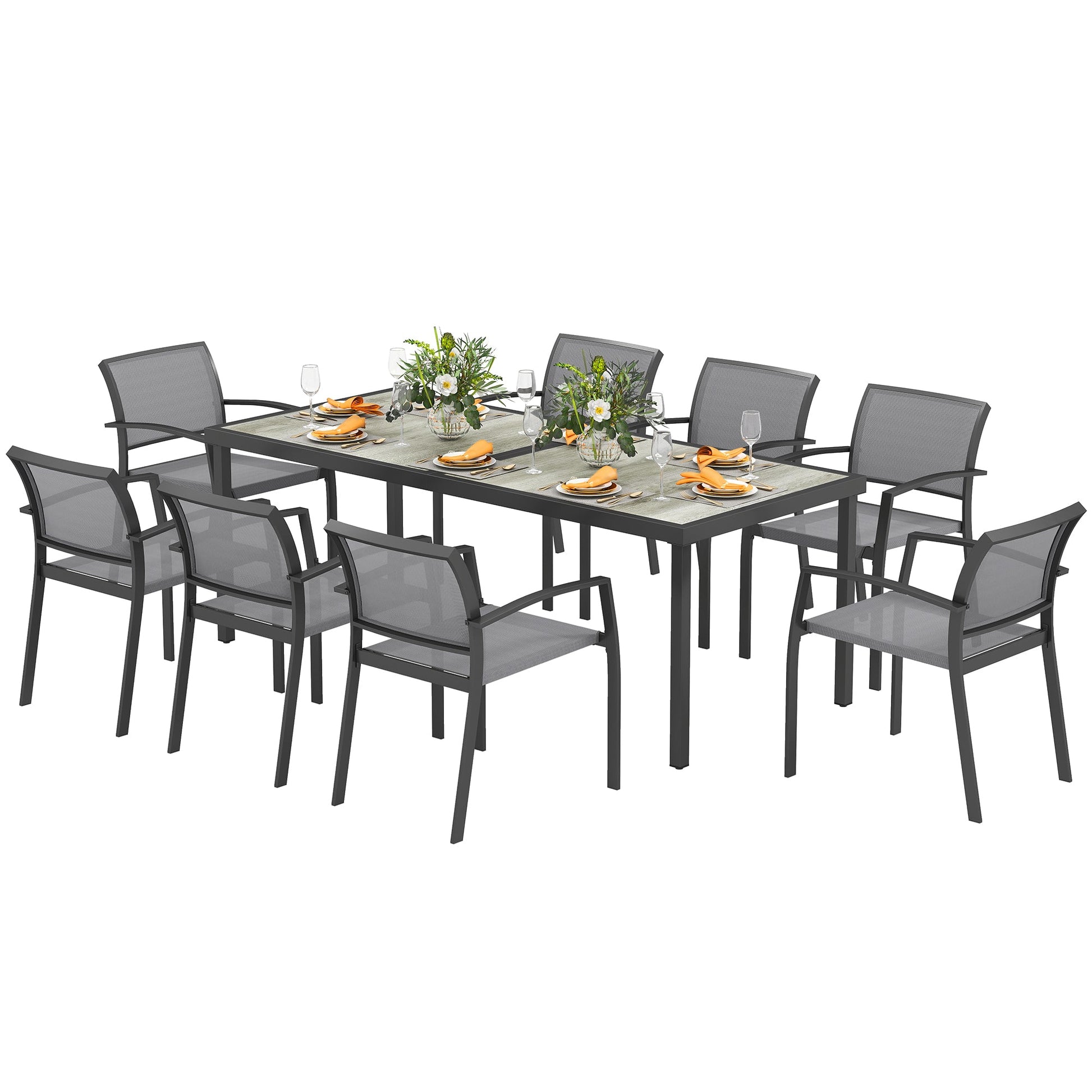 9 Pieces Patio Dining Set, Outdoor Dining Set with Easy Clean Tabletop & Stackable Breathable Chairs, Patio Table and Chairs Set for Backyard, Garden, Poolside