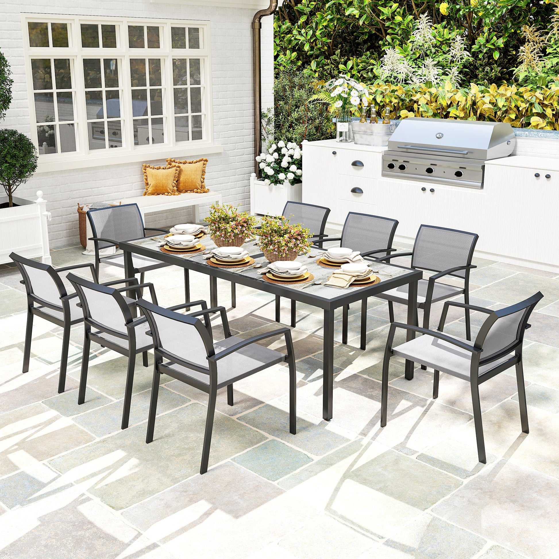 9 Pieces Patio Dining Set, Outdoor Dining Set with Easy Clean Tabletop & Stackable Breathable Chairs, Patio Table and Chairs Set for Backyard, Garden, Poolside