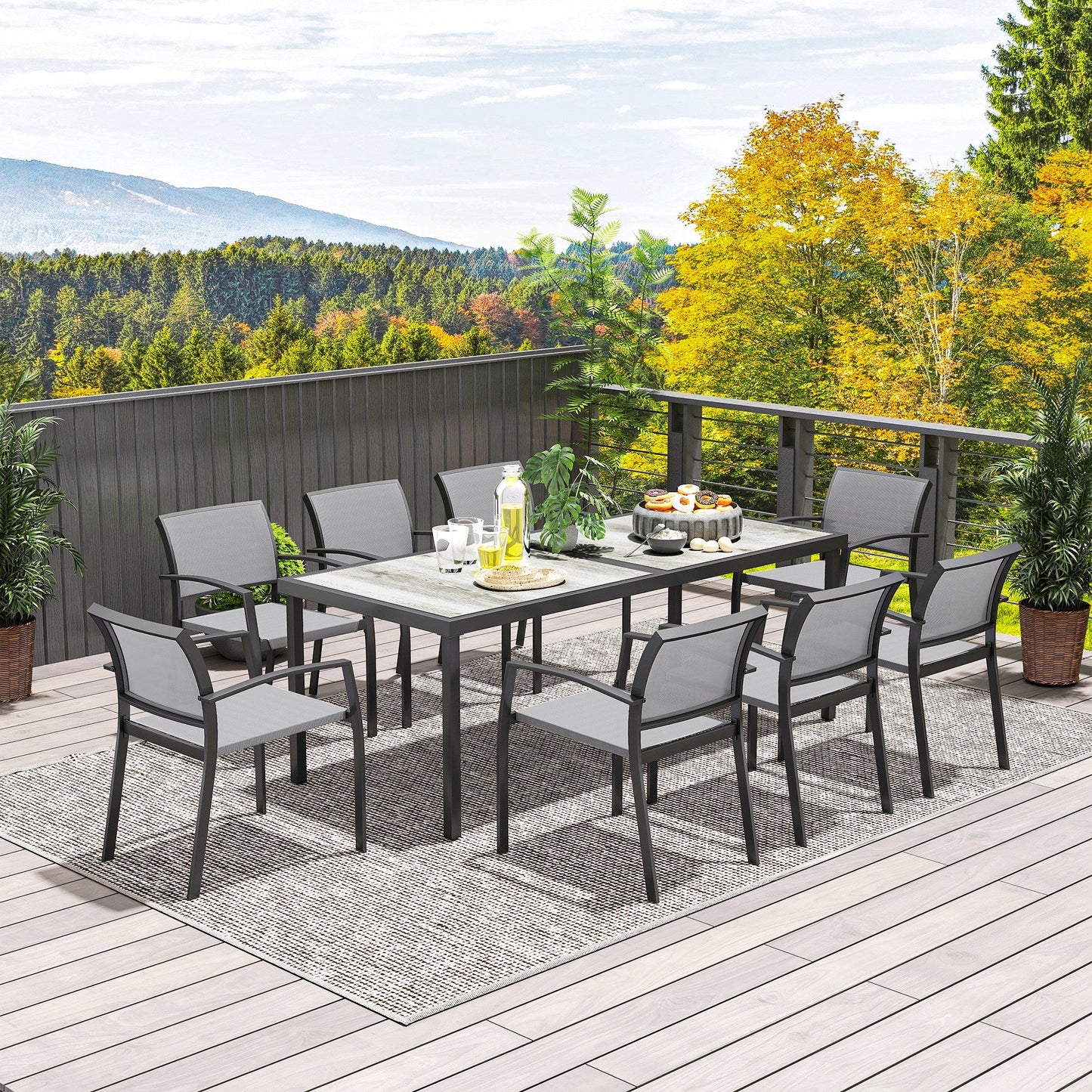 9 Pieces Patio Dining Set, Outdoor Dining Set with Easy Clean Tabletop & Stackable Breathable Chairs, Patio Table and Chairs Set for Backyard, Garden, Poolside