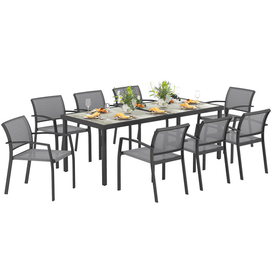 9 Pieces Patio Dining Set, Outdoor Dining Set with Easy Clean Tabletop & Stackable Breathable Chairs, Patio Table and Chairs Set for Backyard, Garden, Poolside