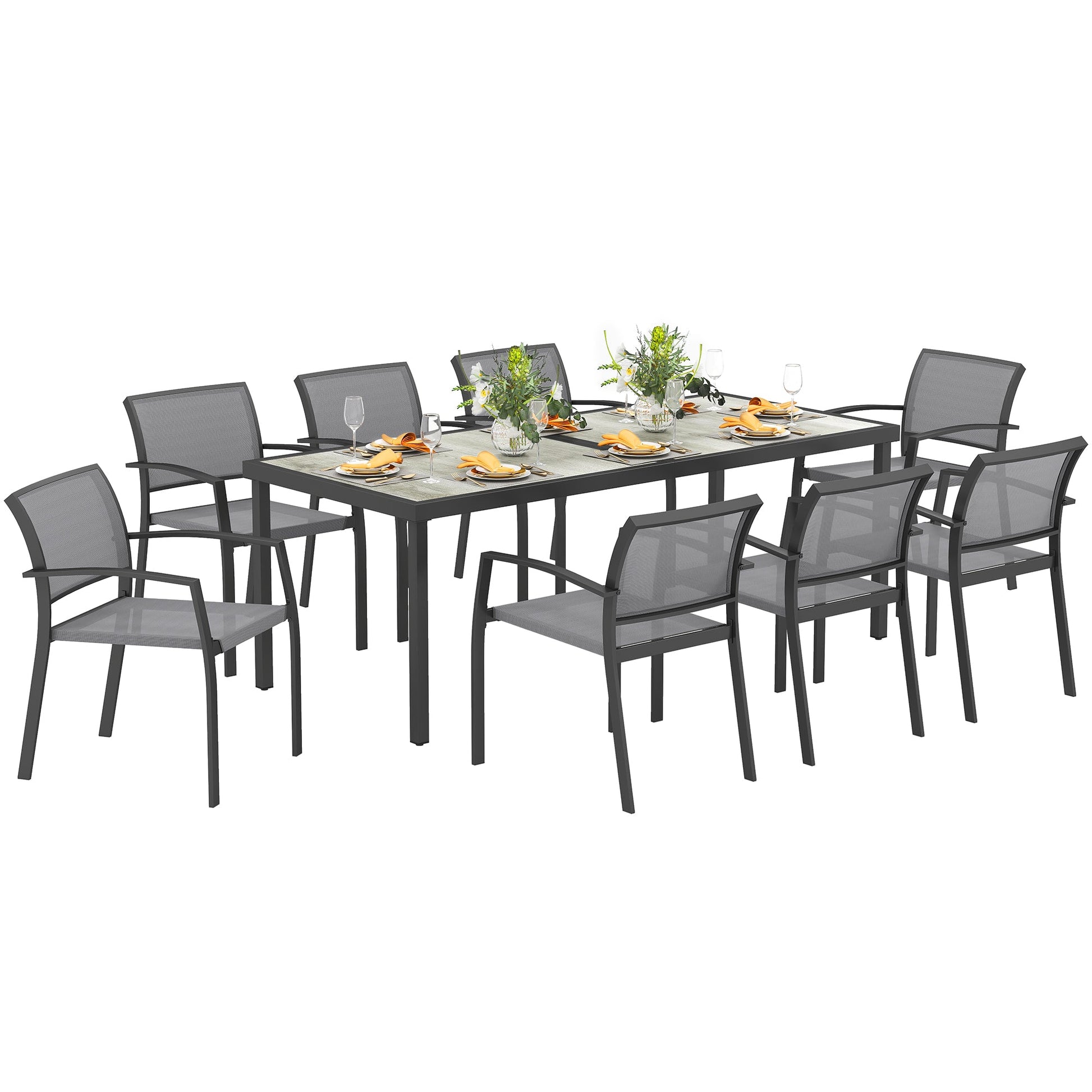 9 Pieces Patio Dining Set, Outdoor Dining Set with Easy Clean Tabletop & Stackable Breathable Chairs, Patio Table and Chairs Set for Backyard, Garden, Poolside