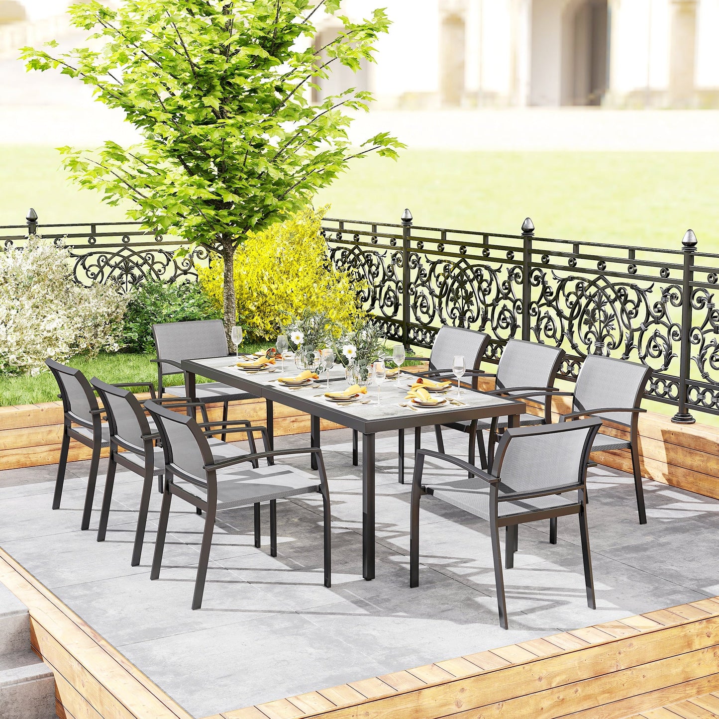 9 Pieces Patio Dining Set, Outdoor Dining Set with Easy Clean Tabletop & Stackable Breathable Chairs, Patio Table and Chairs Set for Backyard, Garden, Poolside