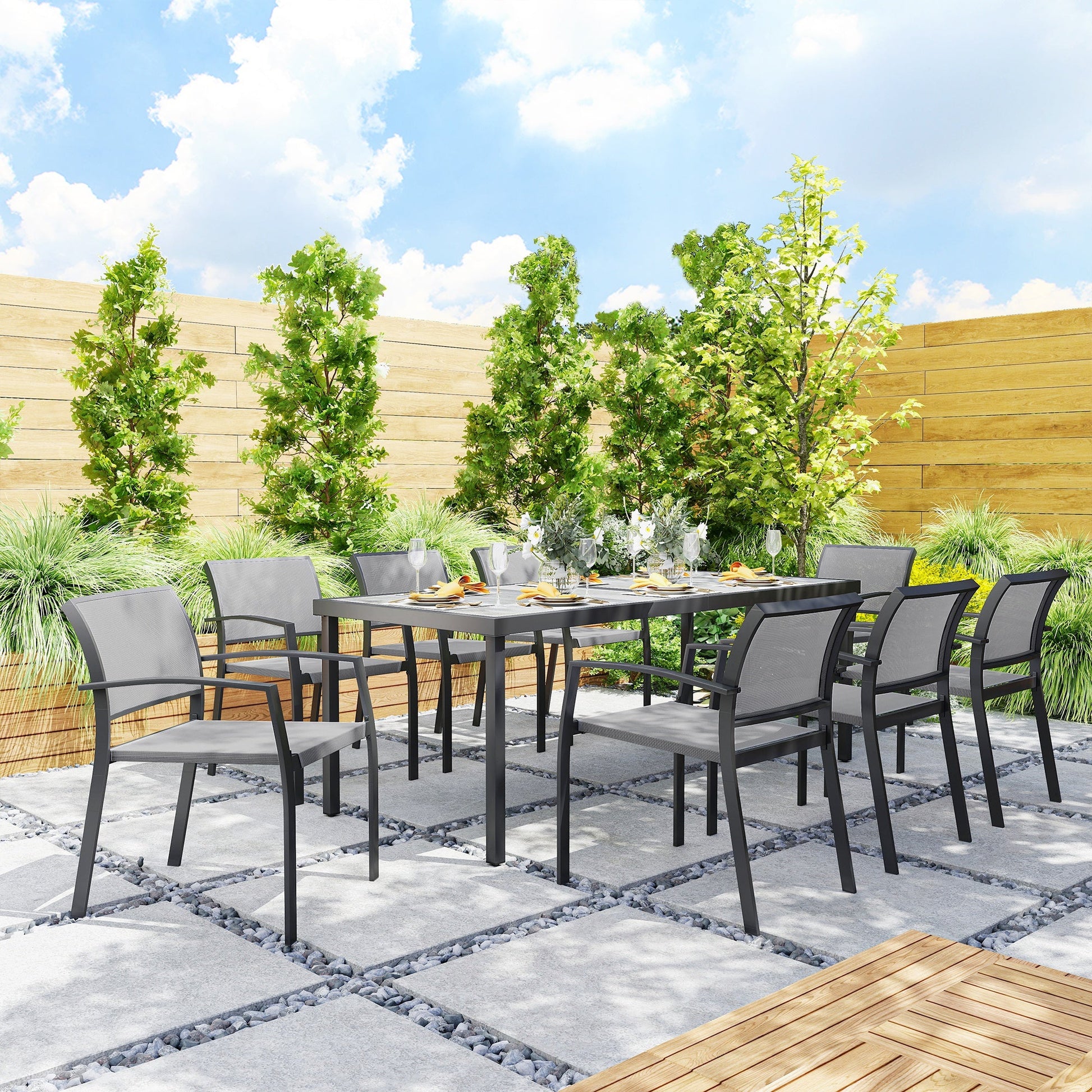 9 Pieces Patio Dining Set, Outdoor Dining Set with Easy Clean Tabletop & Stackable Breathable Chairs, Patio Table and Chairs Set for Backyard, Garden, Poolside