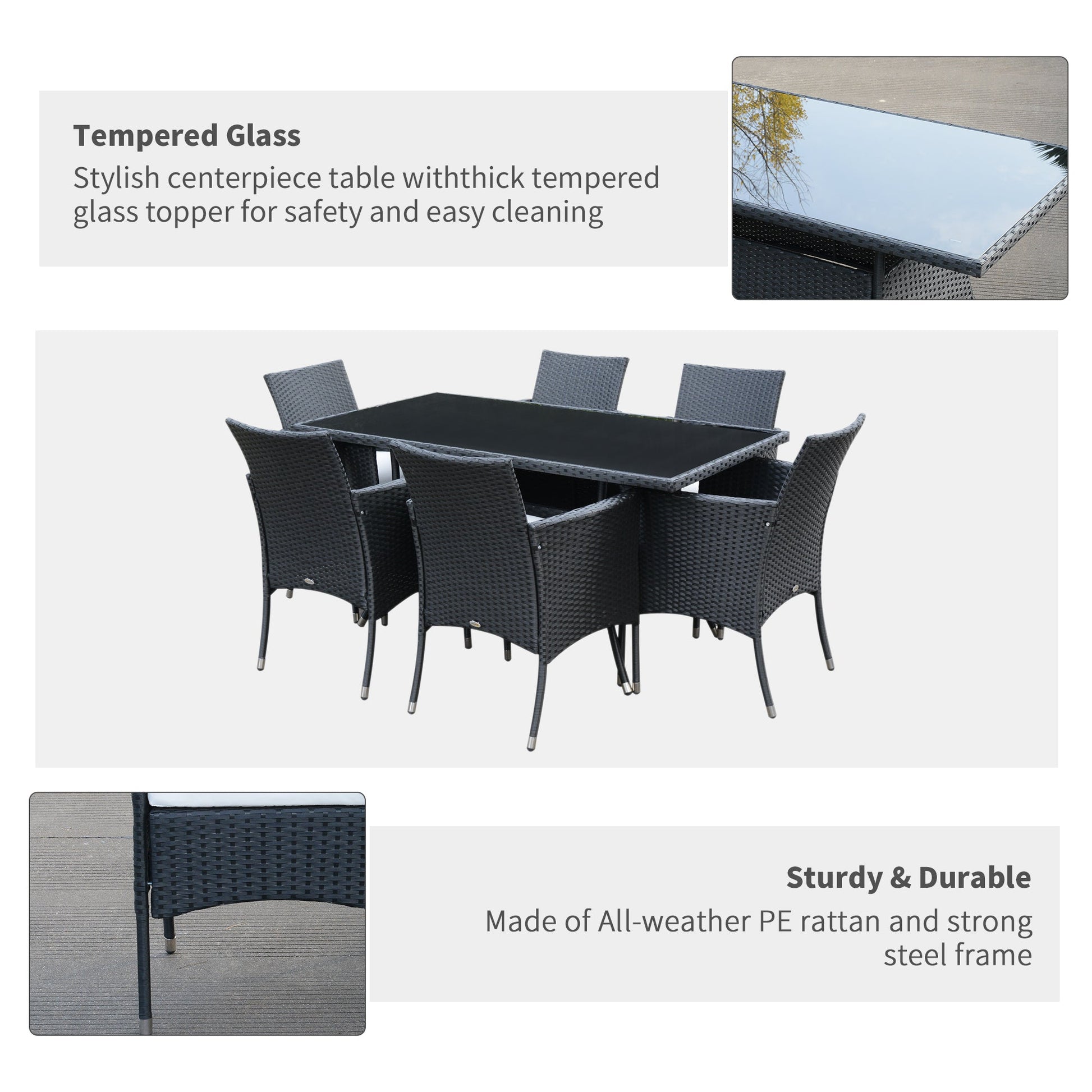 7 Pieces Patio Dining Set, Wicker Outdoor Furniture Set with Removable Cushions, Glass Top Dining Table, Rattan Patio Table and Chairs for Garden Poolside Backyard, Black