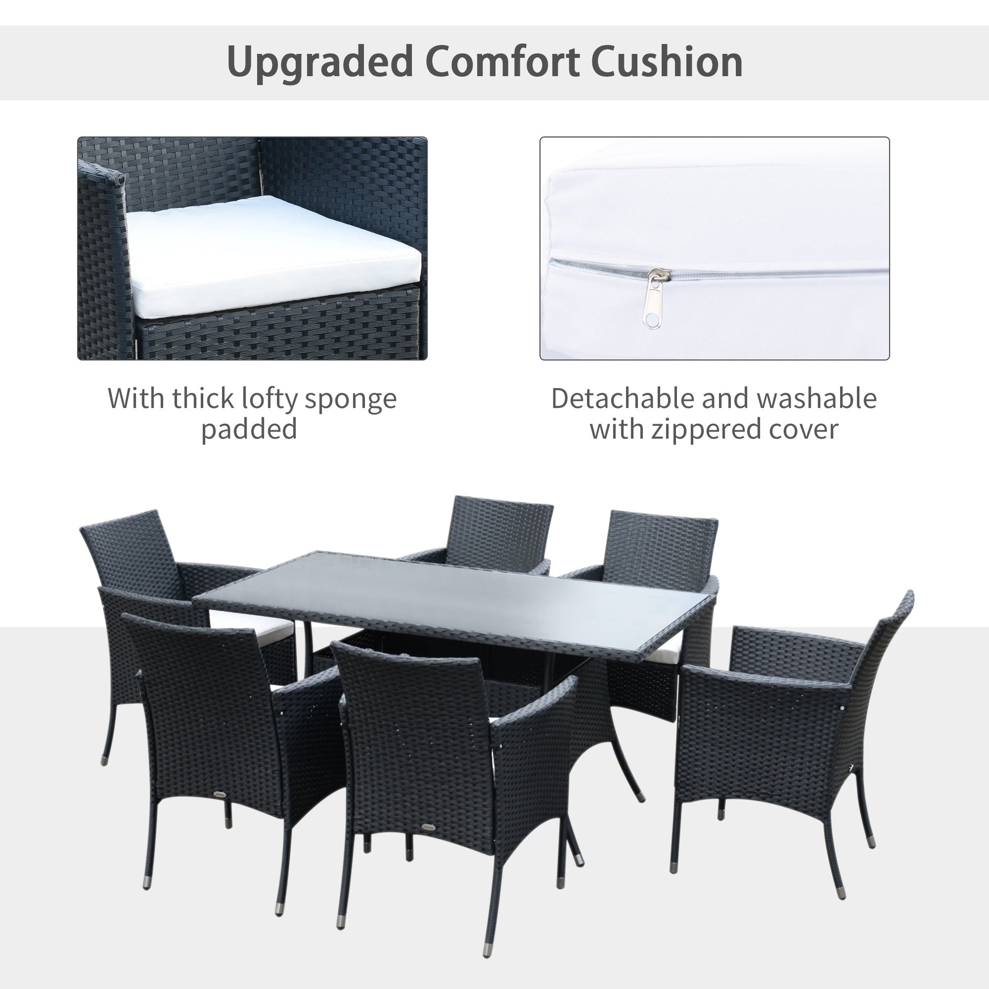 7 Pieces Patio Dining Set, Wicker Outdoor Furniture Set with Removable Cushions, Glass Top Dining Table, Rattan Patio Table and Chairs for Garden Poolside Backyard, Black