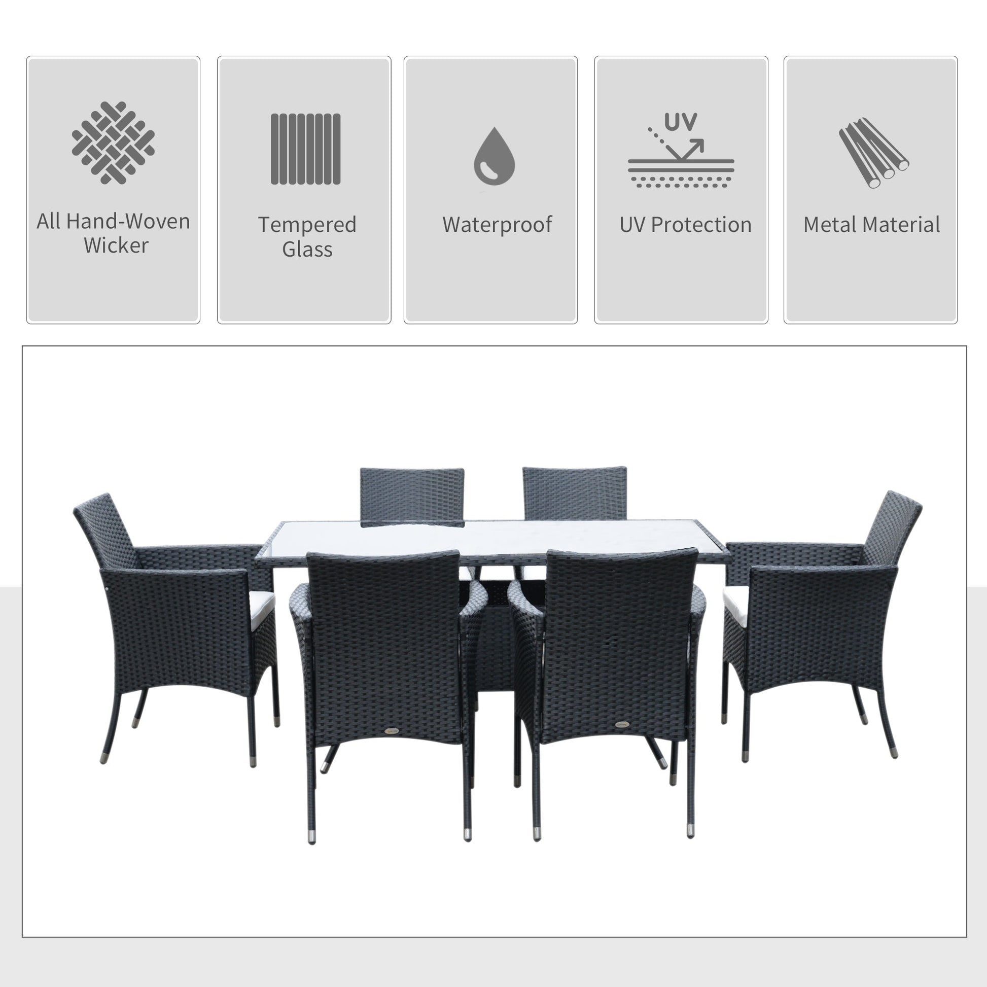 7 Pieces Patio Dining Set, Wicker Outdoor Furniture Set with Removable Cushions, Glass Top Dining Table, Rattan Patio Table and Chairs for Garden Poolside Backyard, Black