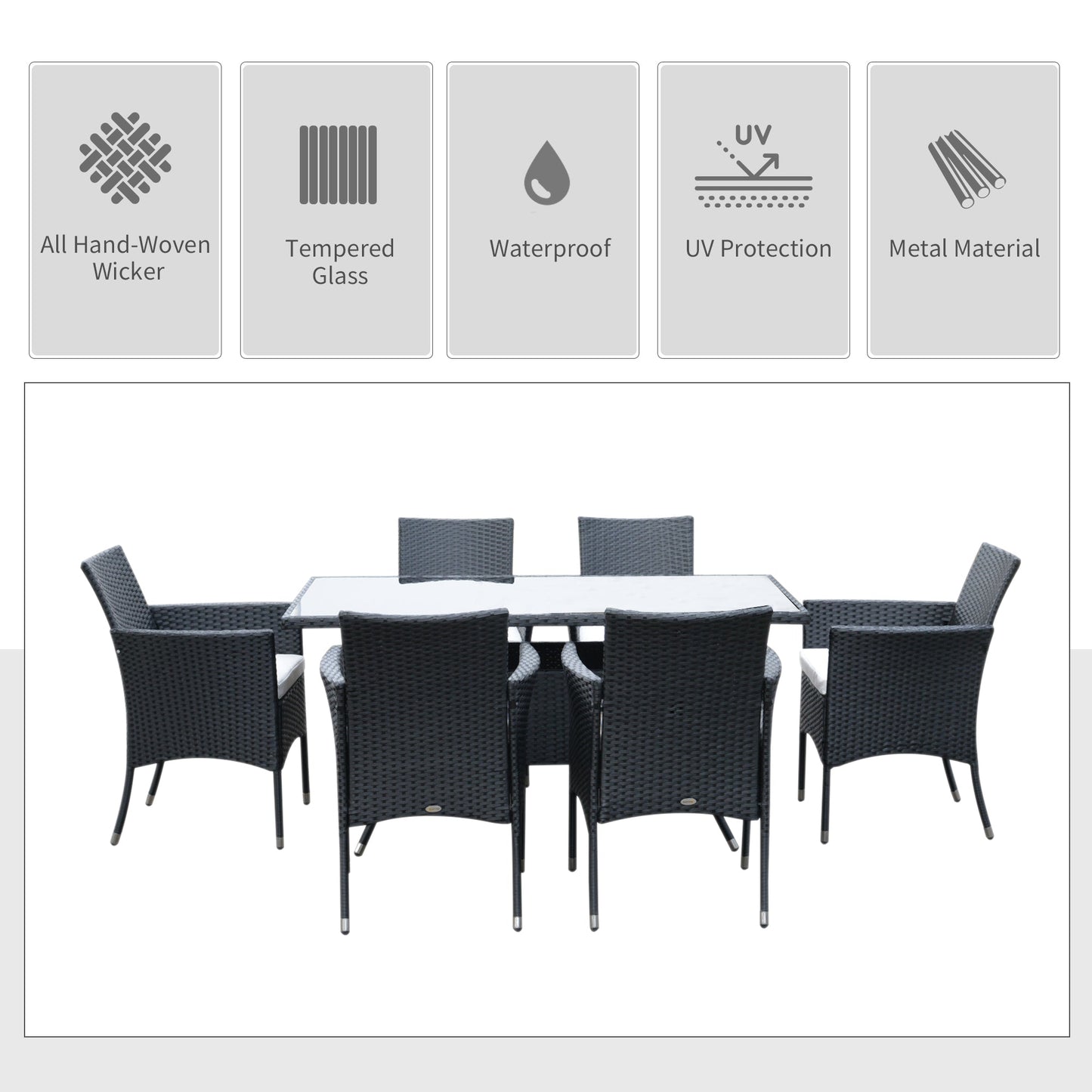 7 Pieces Patio Dining Set, Wicker Outdoor Furniture Set with Removable Cushions, Glass Top Dining Table, Rattan Patio Table and Chairs for Garden Poolside Backyard, Black