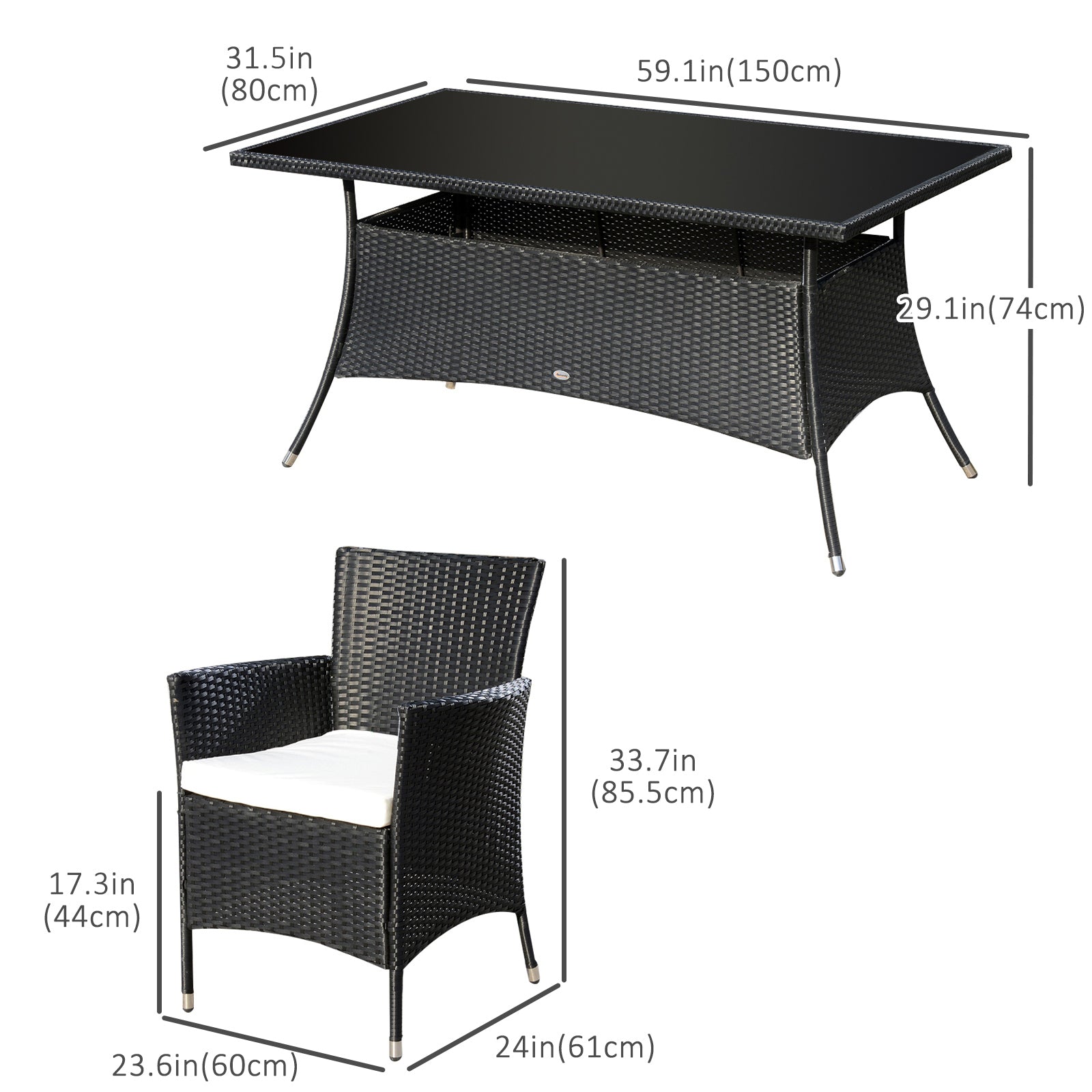 7 Pieces Patio Dining Set, Wicker Outdoor Furniture Set with Removable Cushions, Glass Top Dining Table, Rattan Patio Table and Chairs for Garden Poolside Backyard, Black