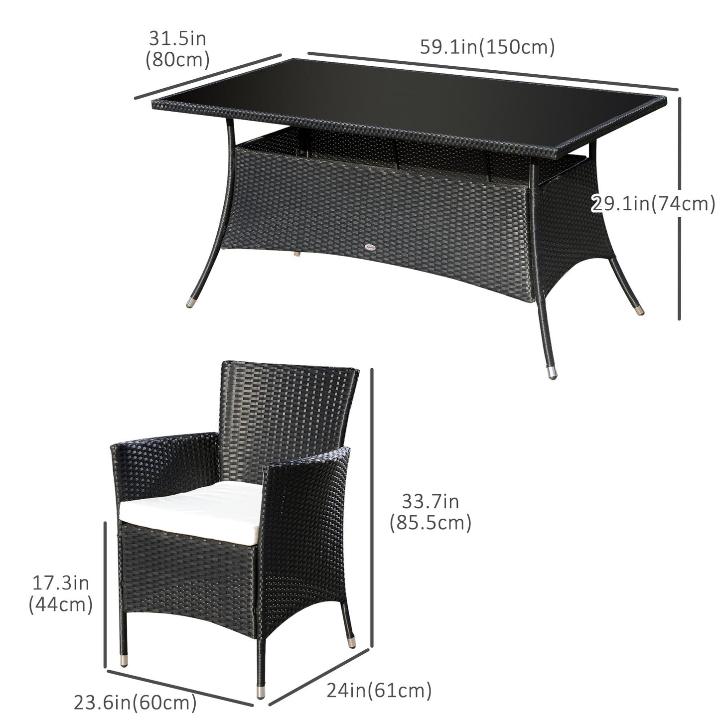 7 Pieces Patio Dining Set, Wicker Outdoor Furniture Set with Removable Cushions, Glass Top Dining Table, Rattan Patio Table and Chairs for Garden Poolside Backyard, Black