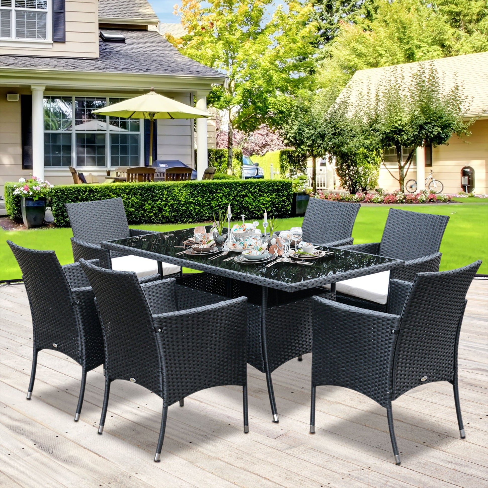 7 Pieces Patio Dining Set, Wicker Outdoor Furniture Set with Removable Cushions, Glass Top Dining Table, Rattan Patio Table and Chairs for Garden Poolside Backyard, Black