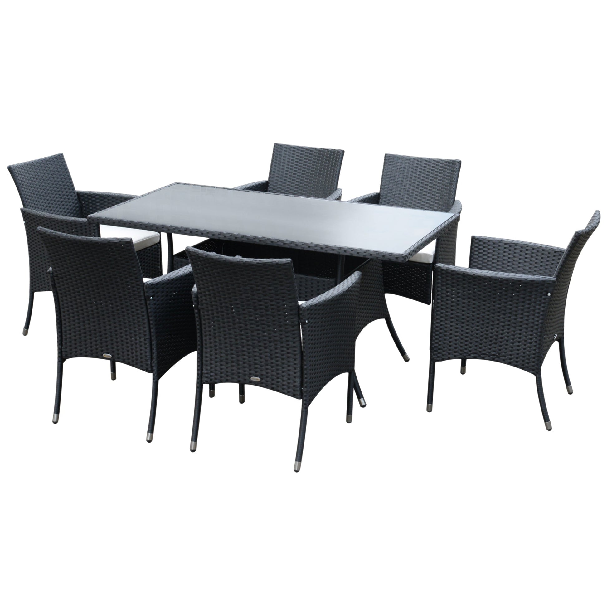 7 Pieces Patio Dining Set, Wicker Outdoor Furniture Set with Removable Cushions, Glass Top Dining Table, Rattan Patio Table and Chairs for Garden Poolside Backyard, Black