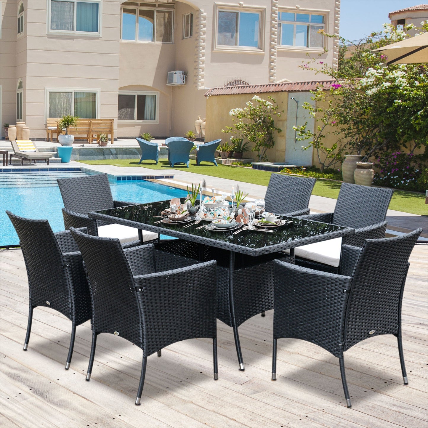 7 Pieces Patio Dining Set, Wicker Outdoor Furniture Set with Removable Cushions, Glass Top Dining Table, Rattan Patio Table and Chairs for Garden Poolside Backyard, Black
