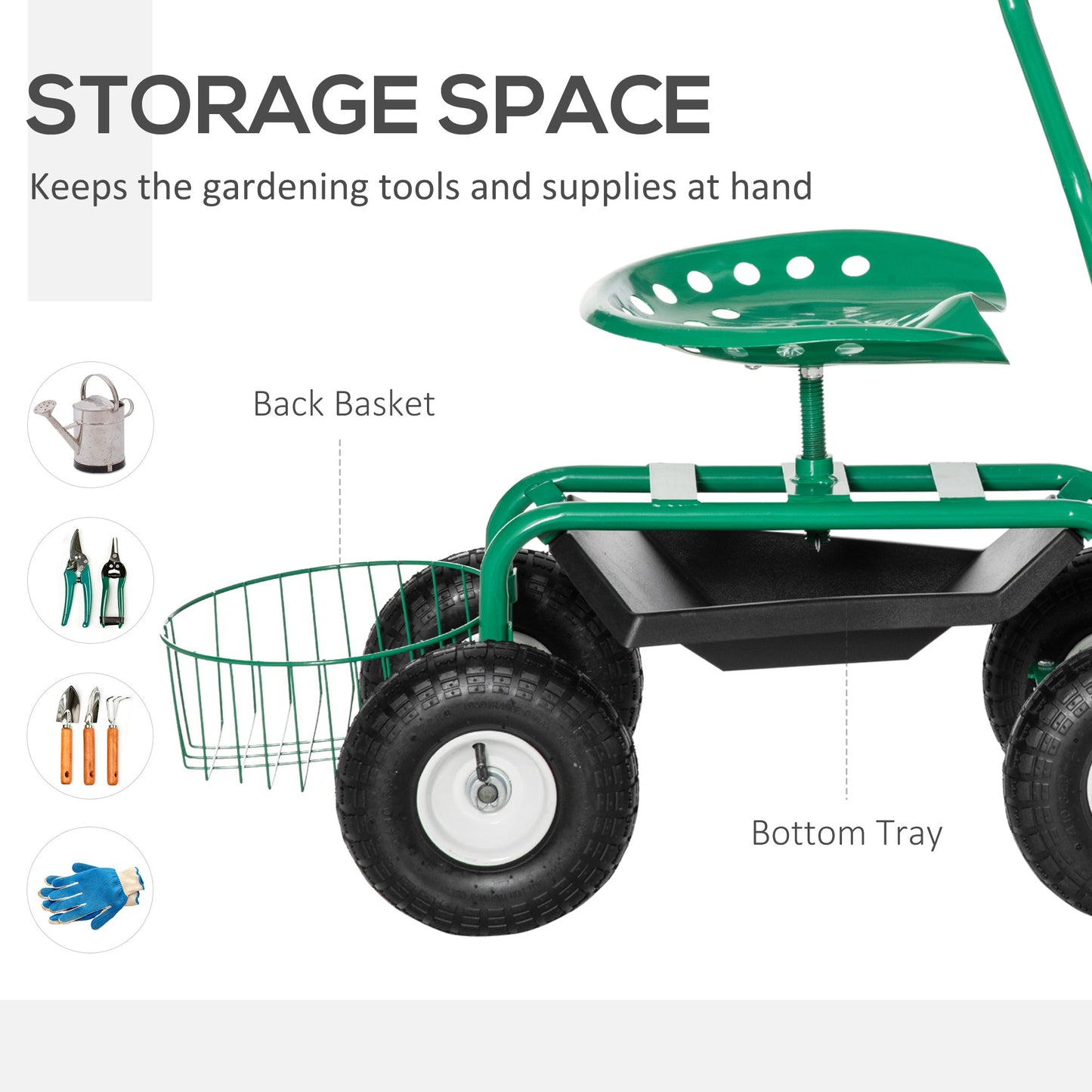 Garden Scooter, Rolling Cart with Swivel and Adjustable Seat, Tool Tray, Bucket Basket, Green and Black