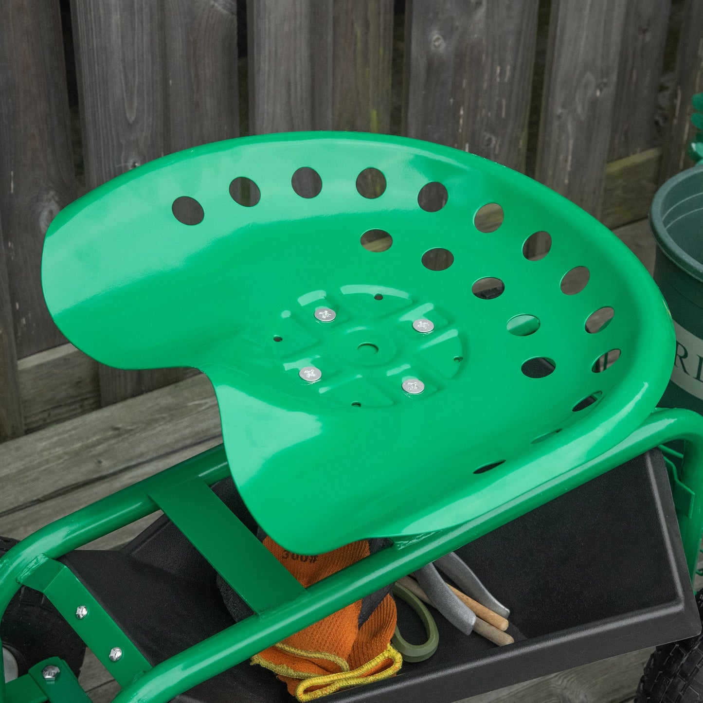Garden Scooter, Rolling Cart with Swivel and Adjustable Seat, Tool Tray, Bucket Basket, Green and Black