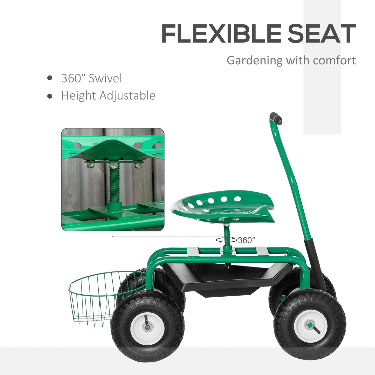 Garden Scooter, Rolling Cart with Swivel and Adjustable Seat, Tool Tray, Bucket Basket, Green and Black