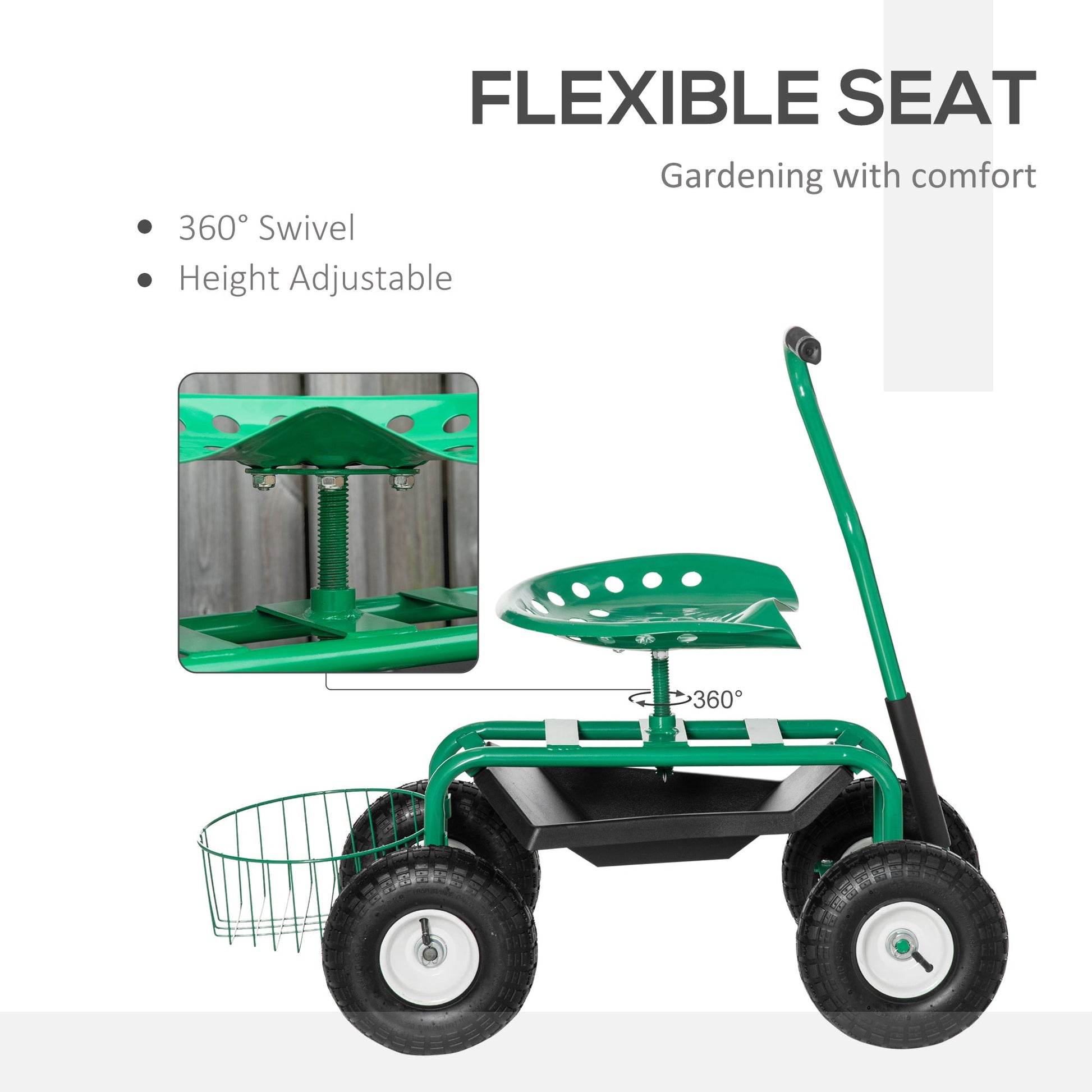Garden Scooter, Rolling Cart with Swivel and Adjustable Seat, Tool Tray, Bucket Basket, Green and Black