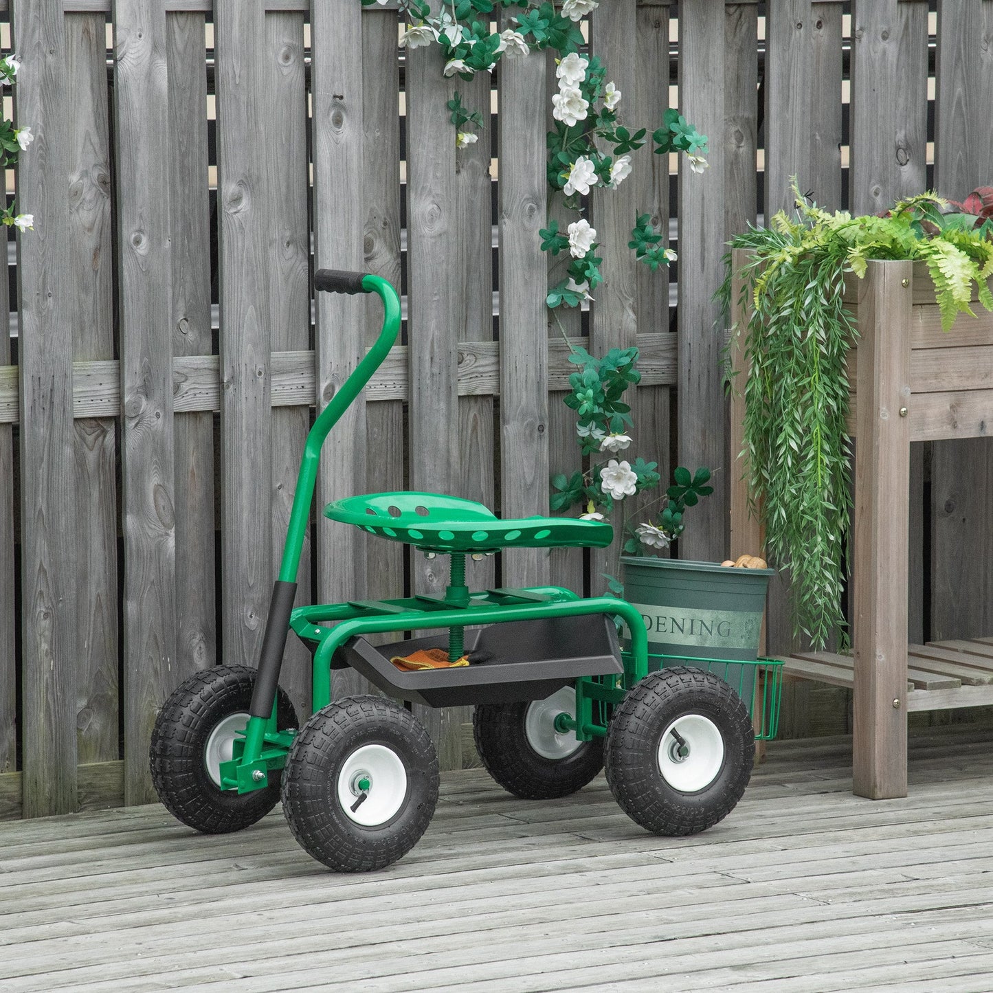 Garden Scooter, Rolling Cart with Swivel and Adjustable Seat, Tool Tray, Bucket Basket, Green and Black