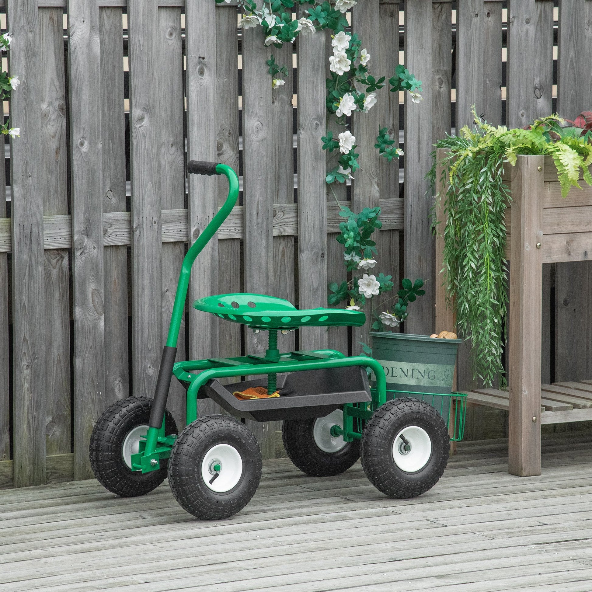 Garden Scooter, Rolling Cart with Swivel and Adjustable Seat, Tool Tray, Bucket Basket, Green and Black