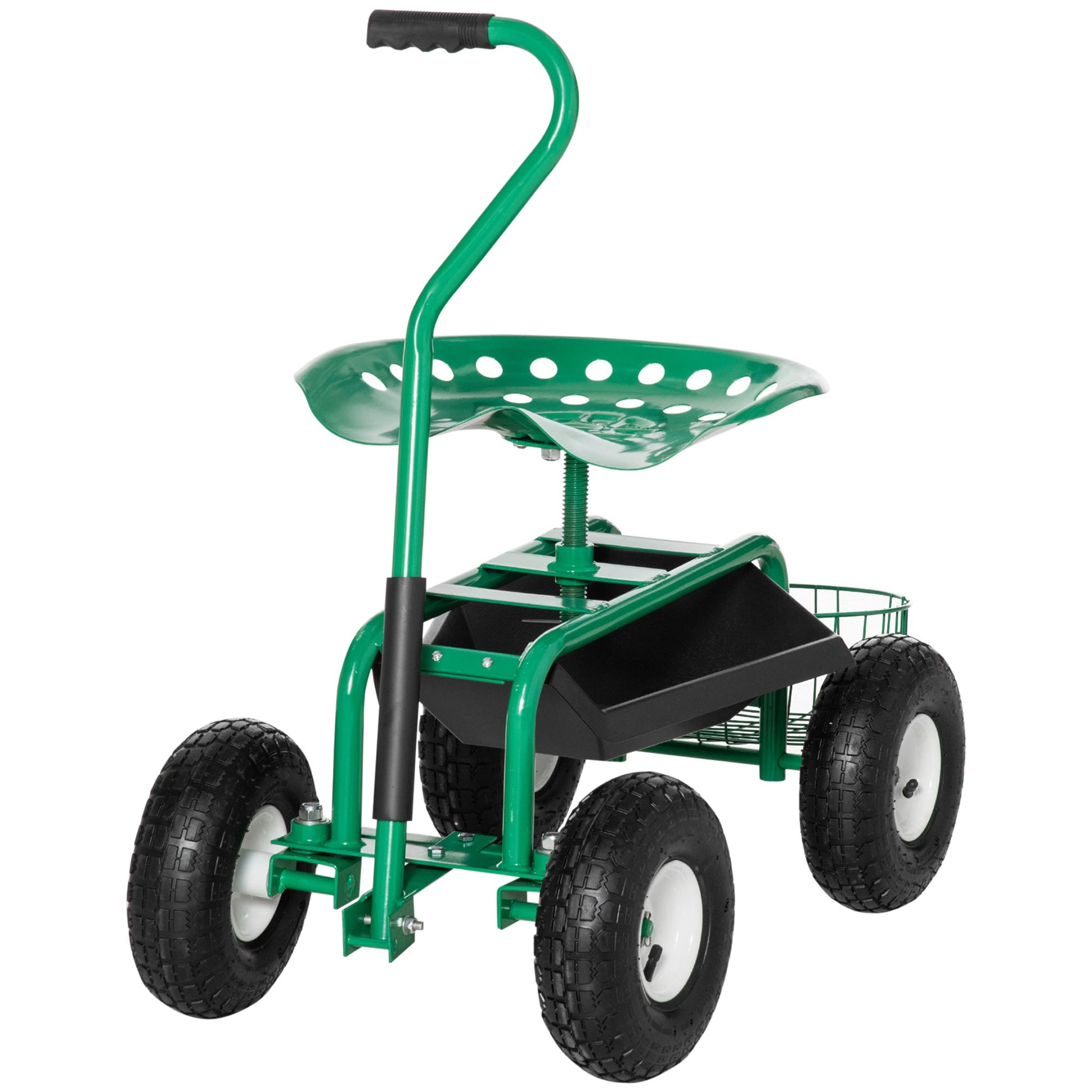 Garden Scooter, Rolling Cart with Swivel and Adjustable Seat, Tool Tray, Bucket Basket, Green and Black