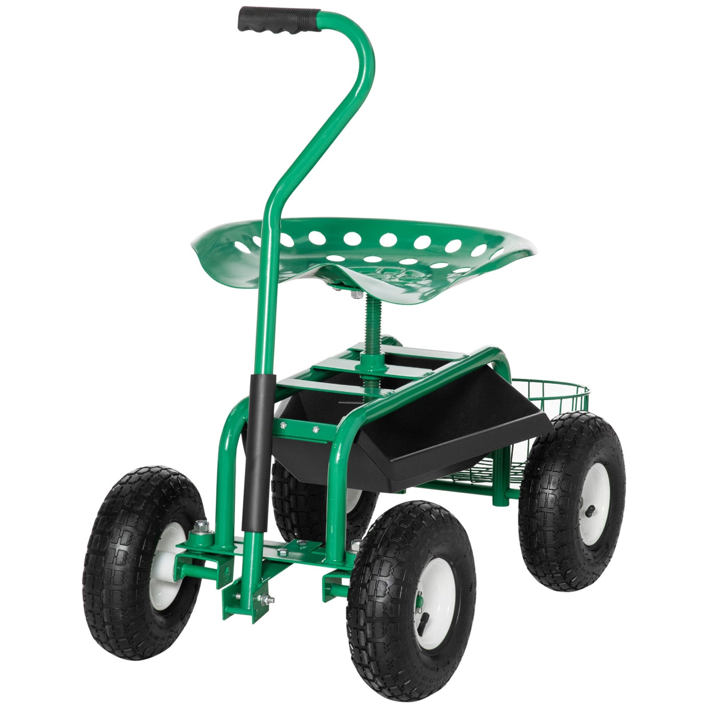 Garden Scooter, Rolling Cart with Swivel and Adjustable Seat, Tool Tray, Bucket Basket, Green and Black