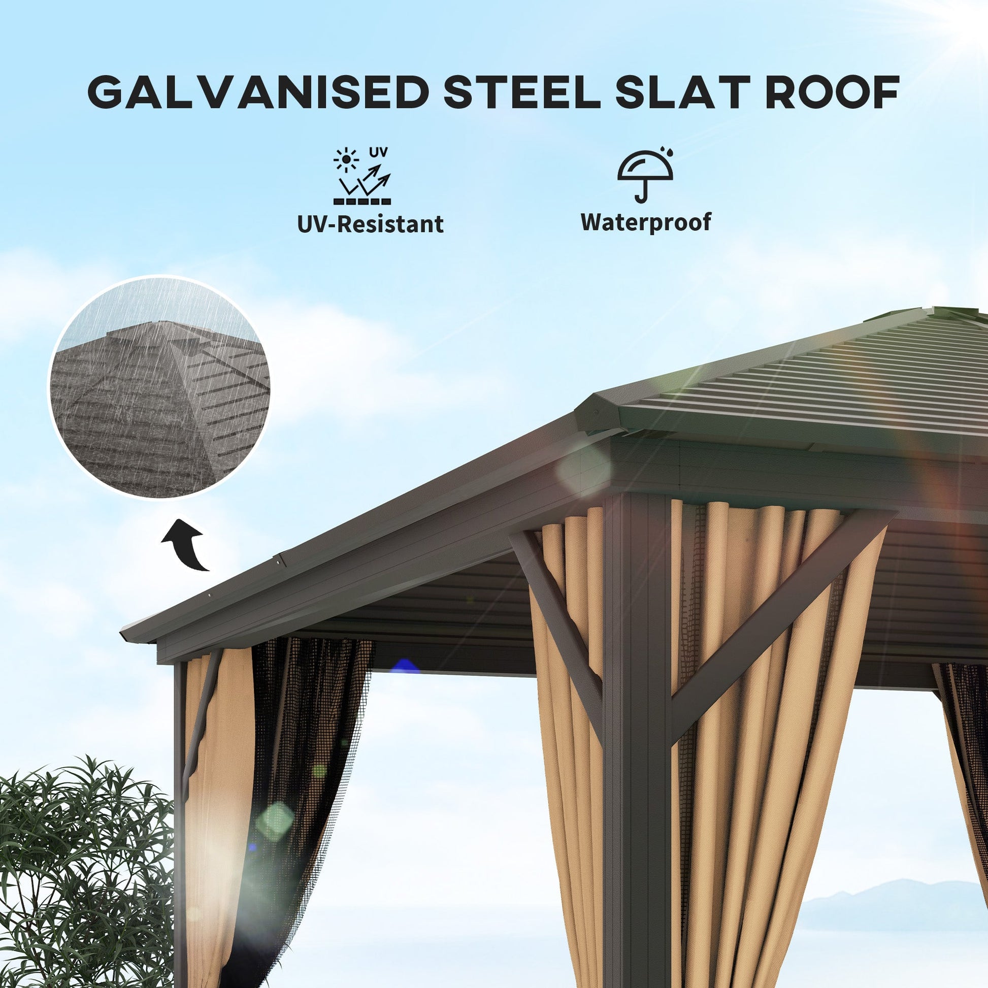 10' x 10' Hardtop Gazebo Outdoor Gazebo Canopy with Mosquito Netting, Curtains, Hanging Hook and Aluminum Frame, Brown