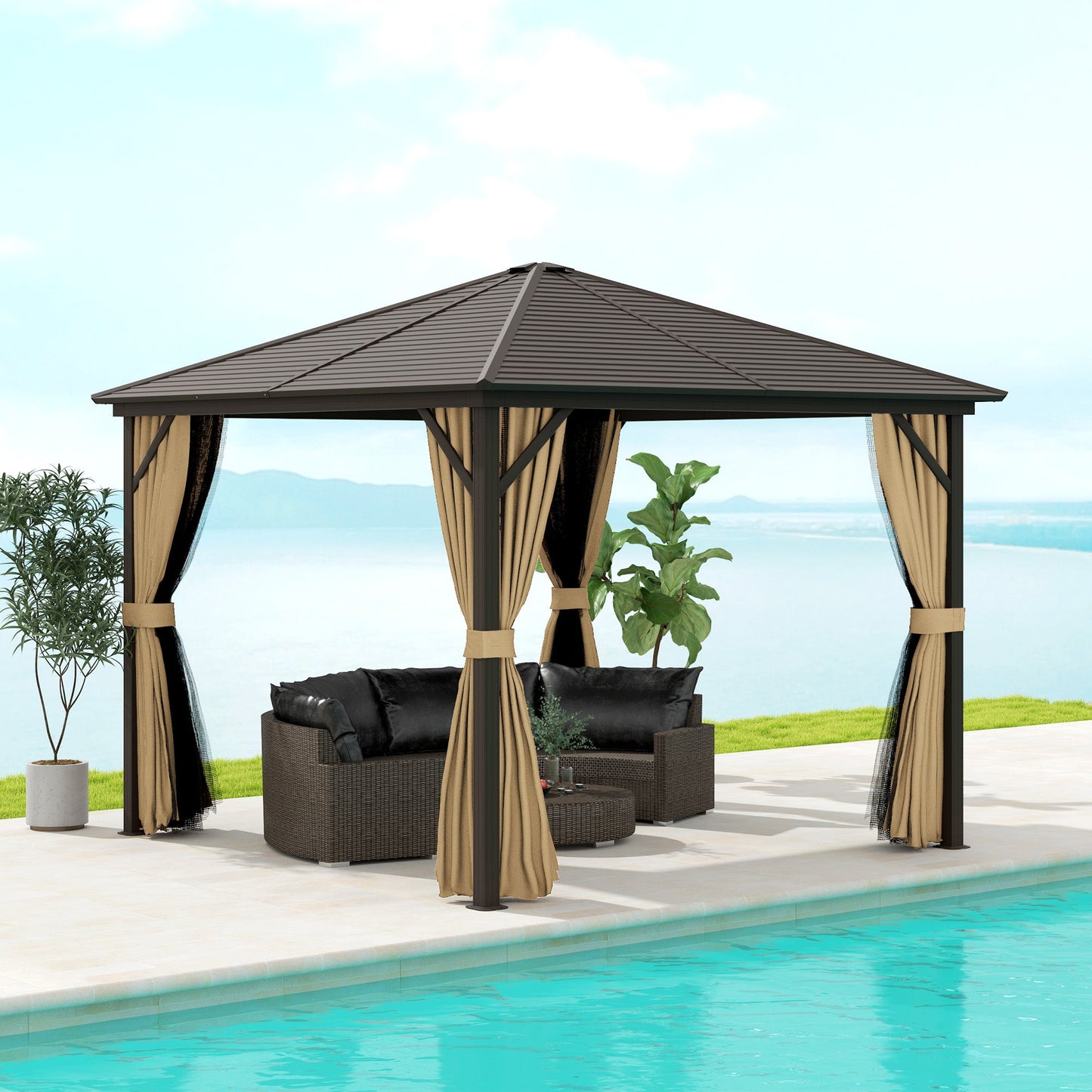 10' x 10' Hardtop Gazebo Outdoor Gazebo Canopy with Mosquito Netting, Curtains, Hanging Hook and Aluminum Frame, Brown