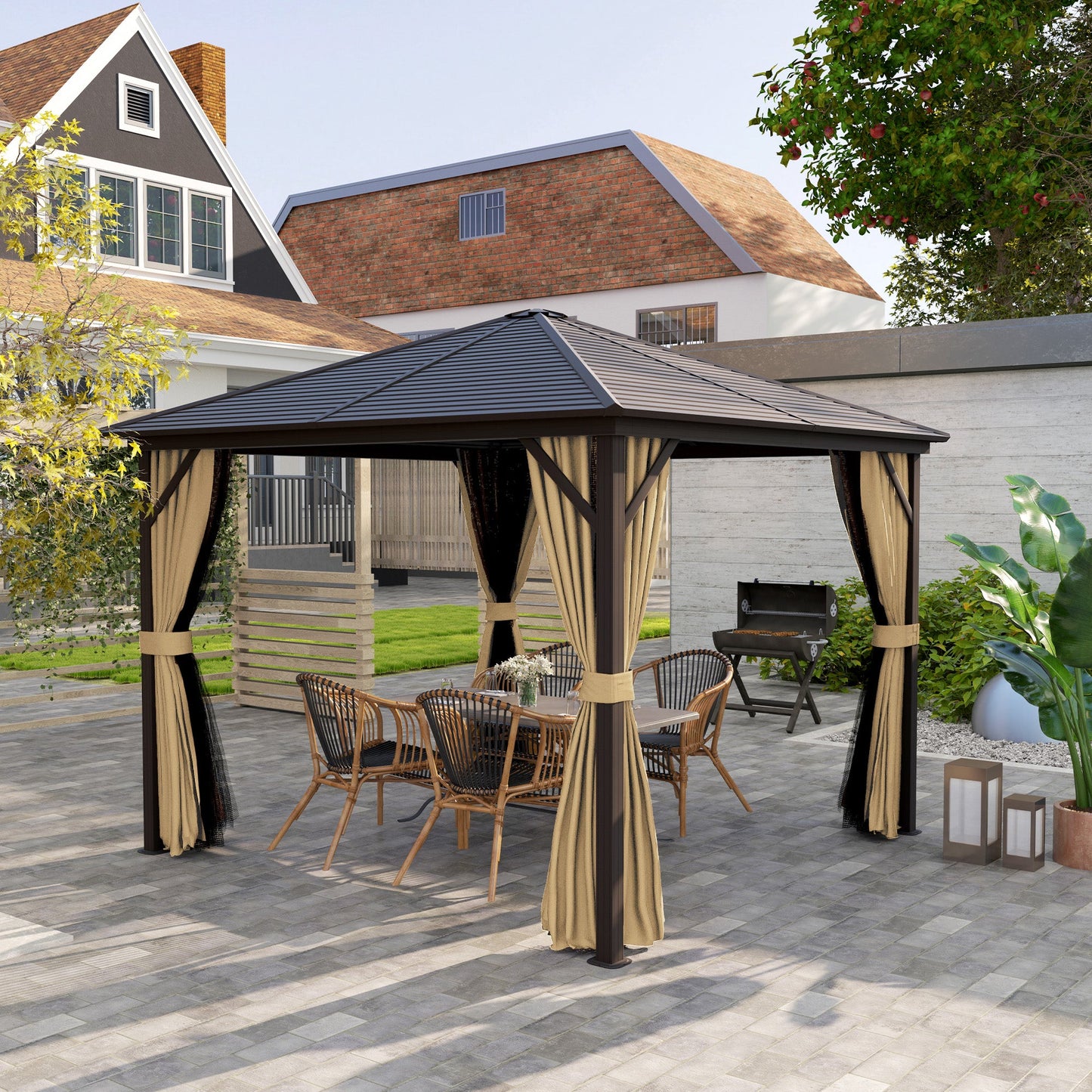 10' x 10' Hardtop Gazebo Outdoor Gazebo Canopy with Mosquito Netting, Curtains, Hanging Hook and Aluminum Frame, Brown