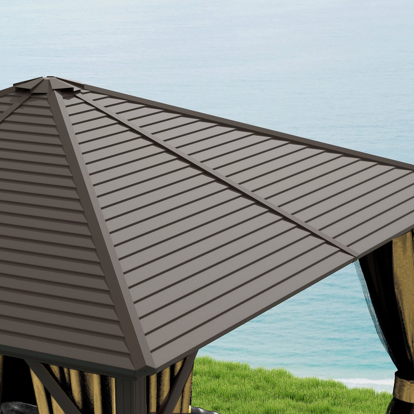10' x 10' Hardtop Gazebo Outdoor Gazebo Canopy with Mosquito Netting, Curtains, Hanging Hook and Aluminum Frame, Brown