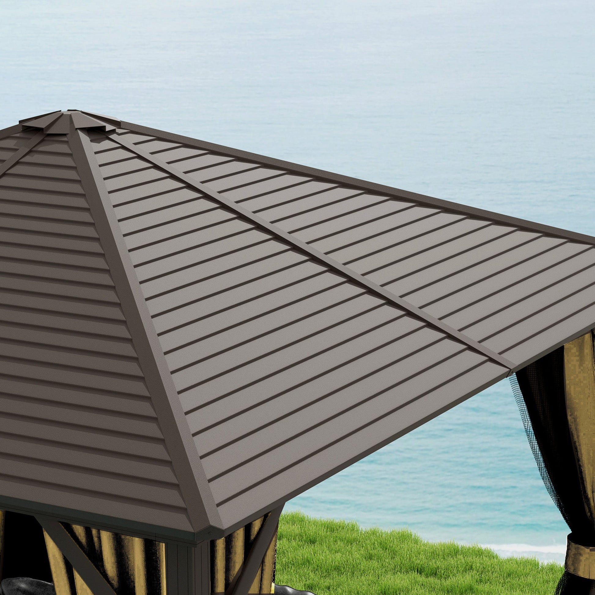 10' x 10' Hardtop Gazebo Outdoor Gazebo Canopy with Mosquito Netting, Curtains, Hanging Hook and Aluminum Frame, Brown