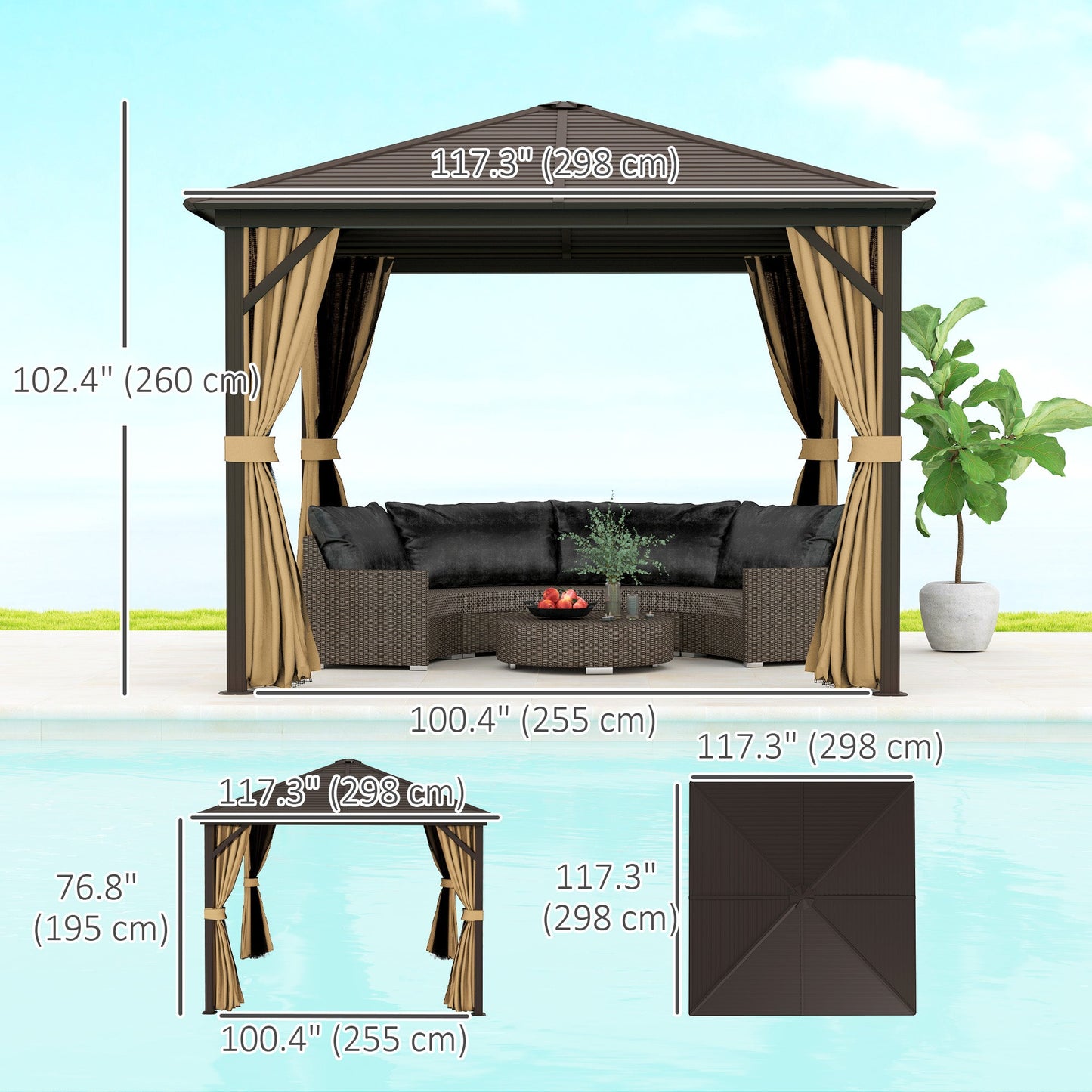 10' x 10' Hardtop Gazebo Outdoor Gazebo Canopy with Mosquito Netting, Curtains, Hanging Hook and Aluminum Frame, Brown