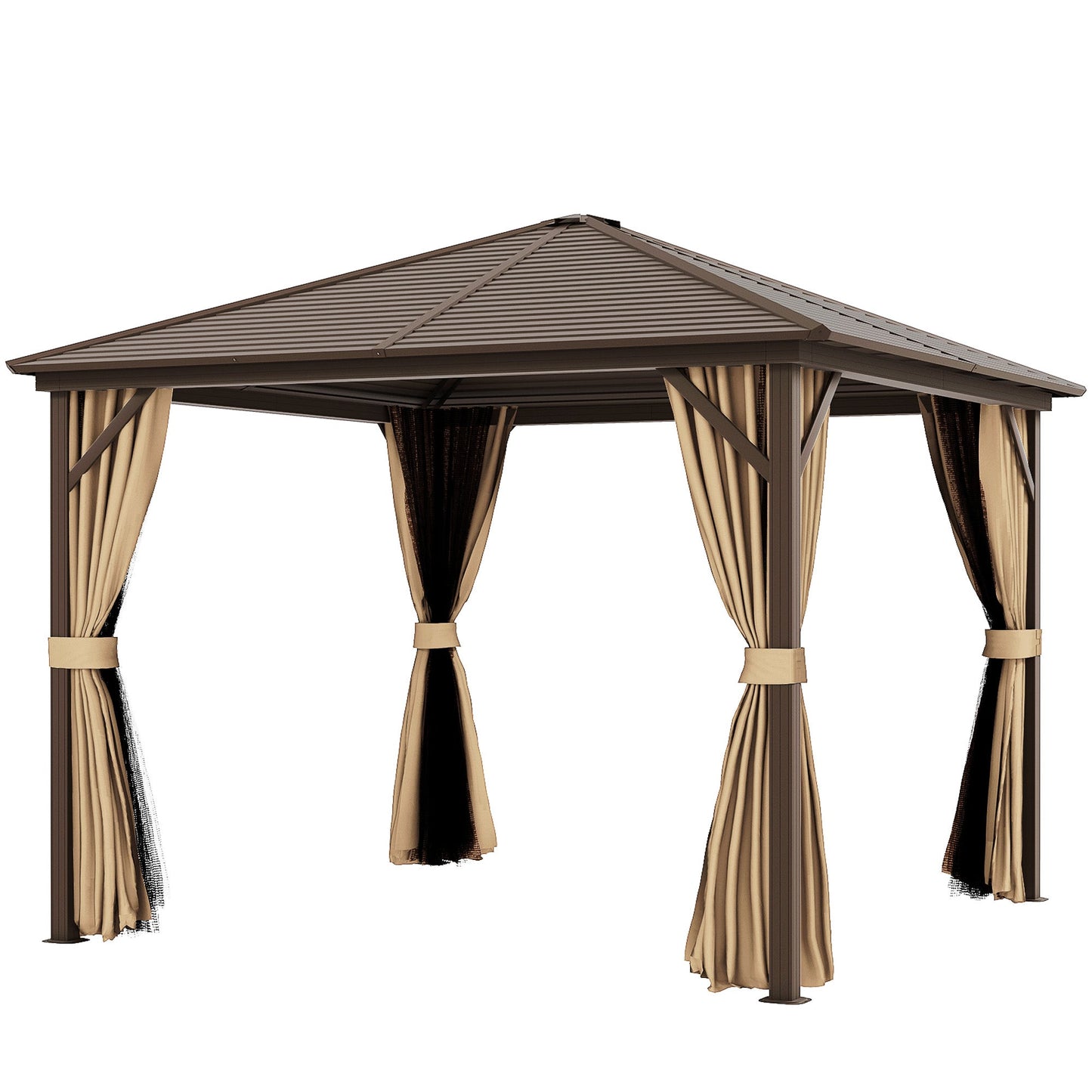 10' x 10' Hardtop Gazebo Outdoor Gazebo Canopy with Mosquito Netting, Curtains, Hanging Hook and Aluminum Frame, Brown