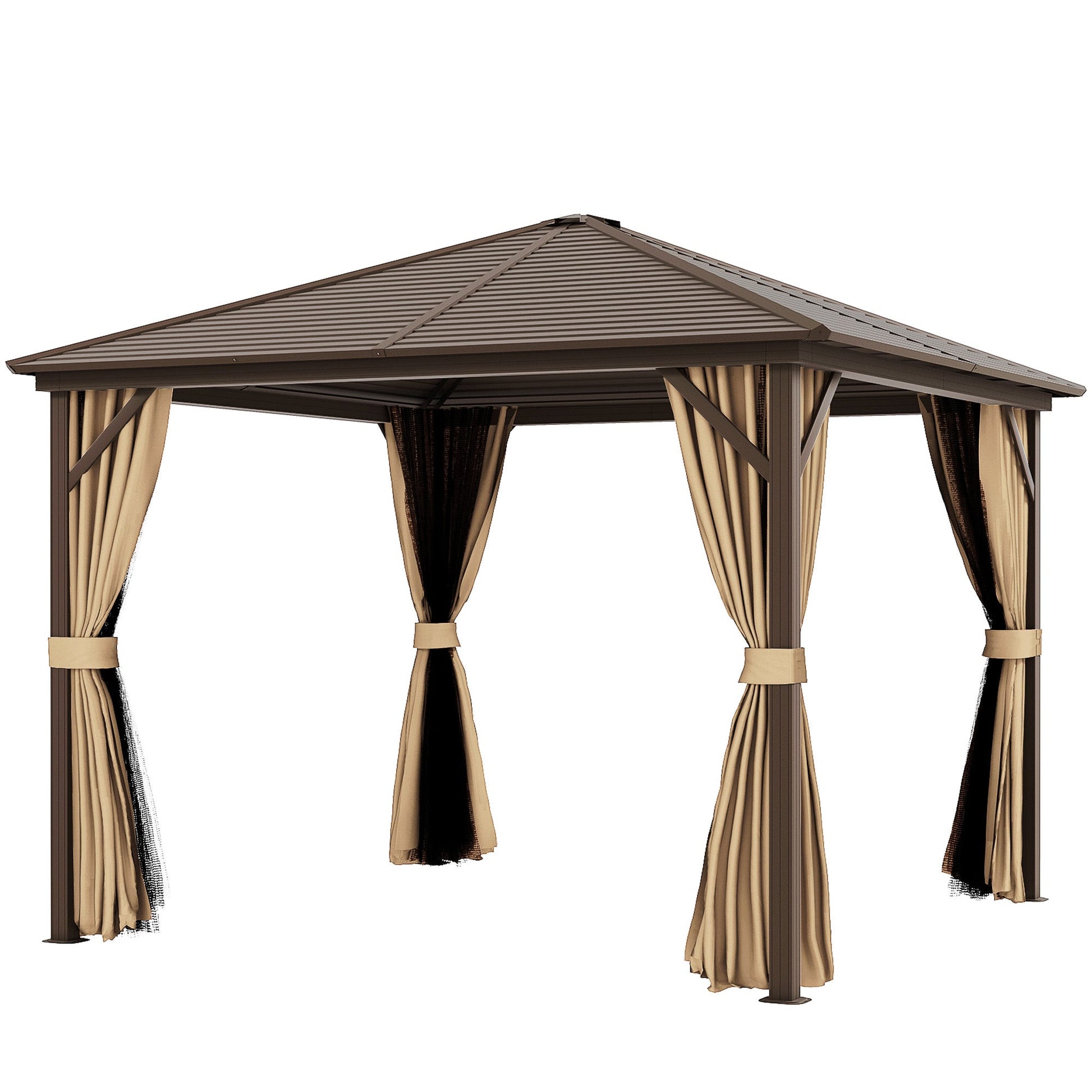 10' x 10' Hardtop Gazebo Outdoor Gazebo Canopy with Mosquito Netting, Curtains, Hanging Hook and Aluminum Frame, Brown
