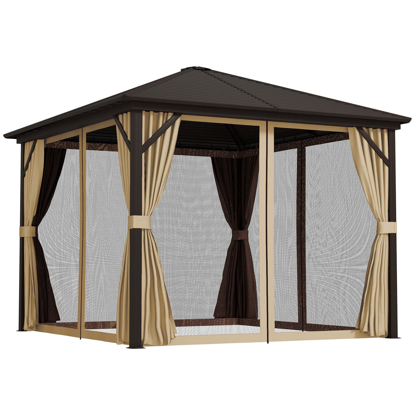 10' x 10' Hardtop Gazebo Outdoor Gazebo Canopy with Mosquito Netting, Curtains, Hanging Hook and Aluminum Frame, Brown