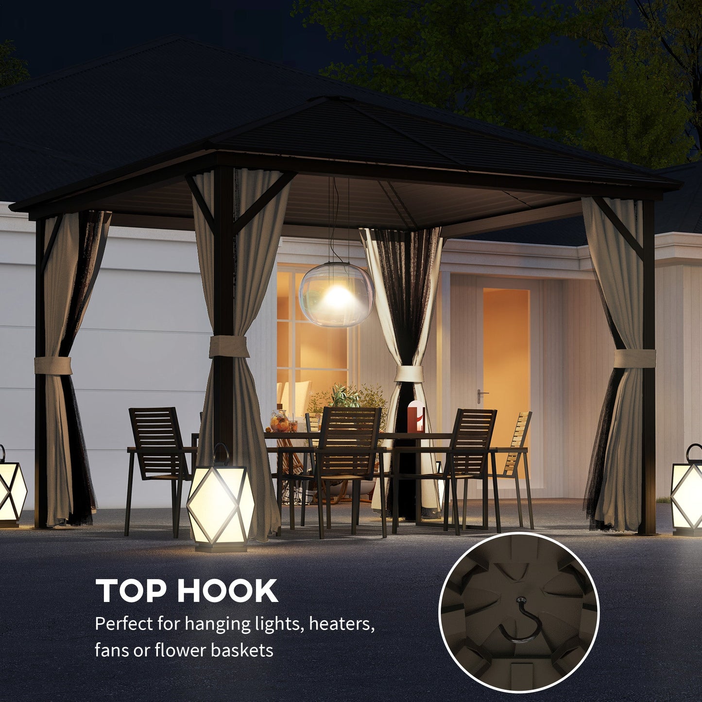 10' x 10' Hardtop Gazebo Outdoor Gazebo Canopy with Mosquito Netting, Curtains, Hanging Hook and Aluminum Frame, Brown