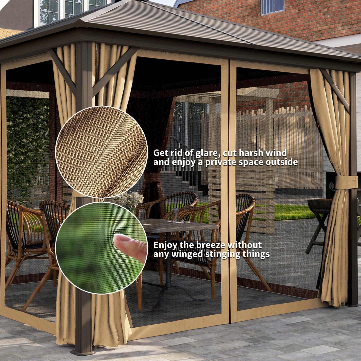 10' x 10' Hardtop Gazebo Outdoor Gazebo Canopy with Mosquito Netting, Curtains, Hanging Hook and Aluminum Frame, Brown