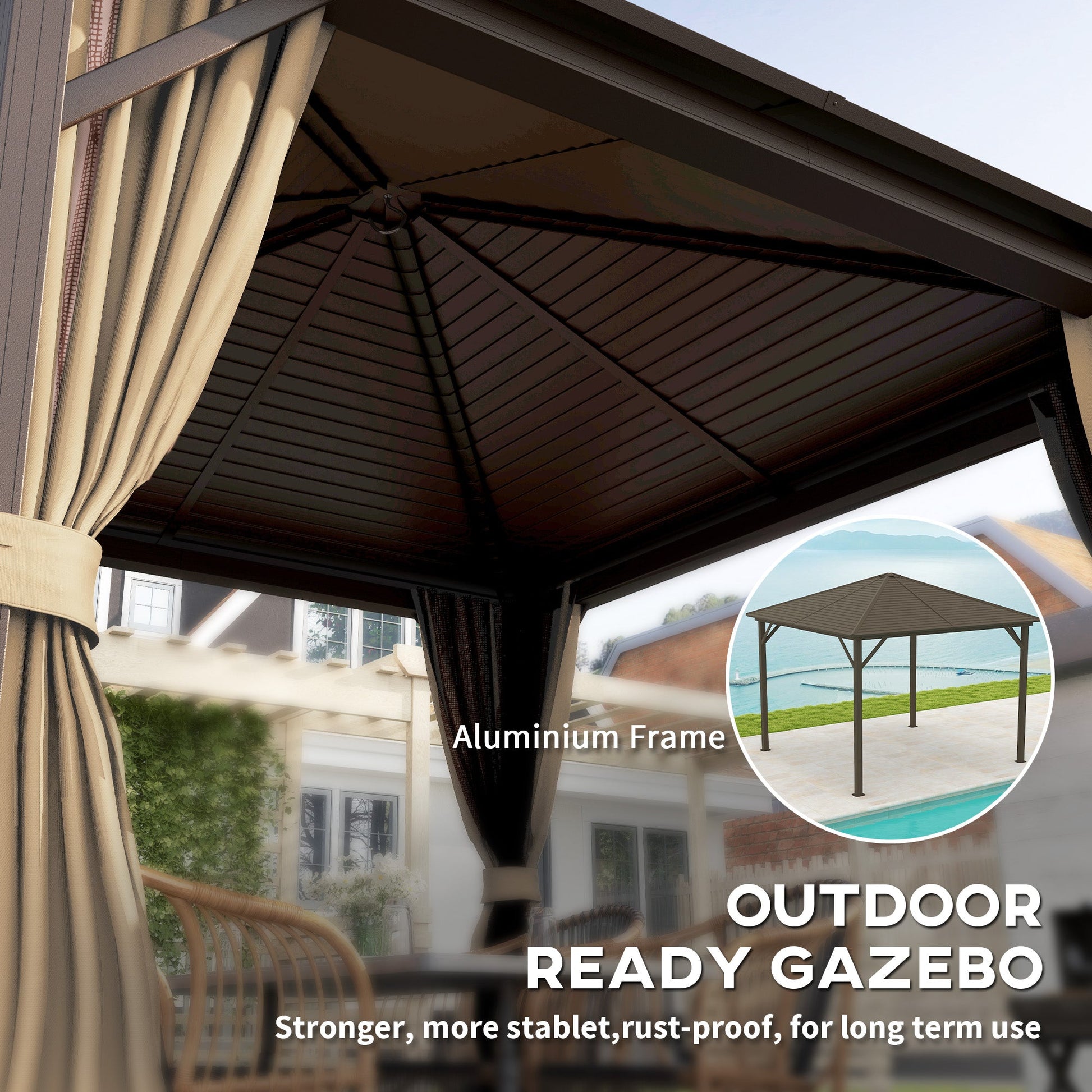 10' x 10' Hardtop Gazebo Outdoor Gazebo Canopy with Mosquito Netting, Curtains, Hanging Hook and Aluminum Frame, Brown