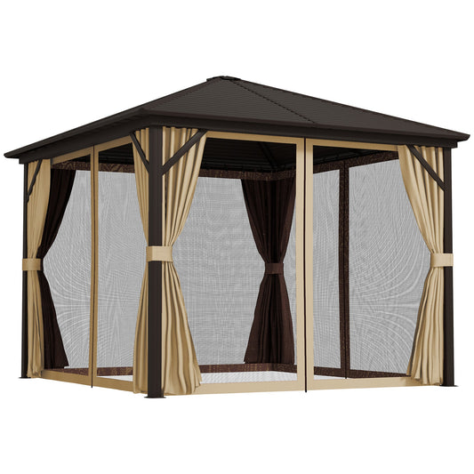 10' x 10' Hardtop Gazebo Outdoor Gazebo Canopy with Mosquito Netting, Curtains, Hanging Hook and Aluminum Frame, Brown