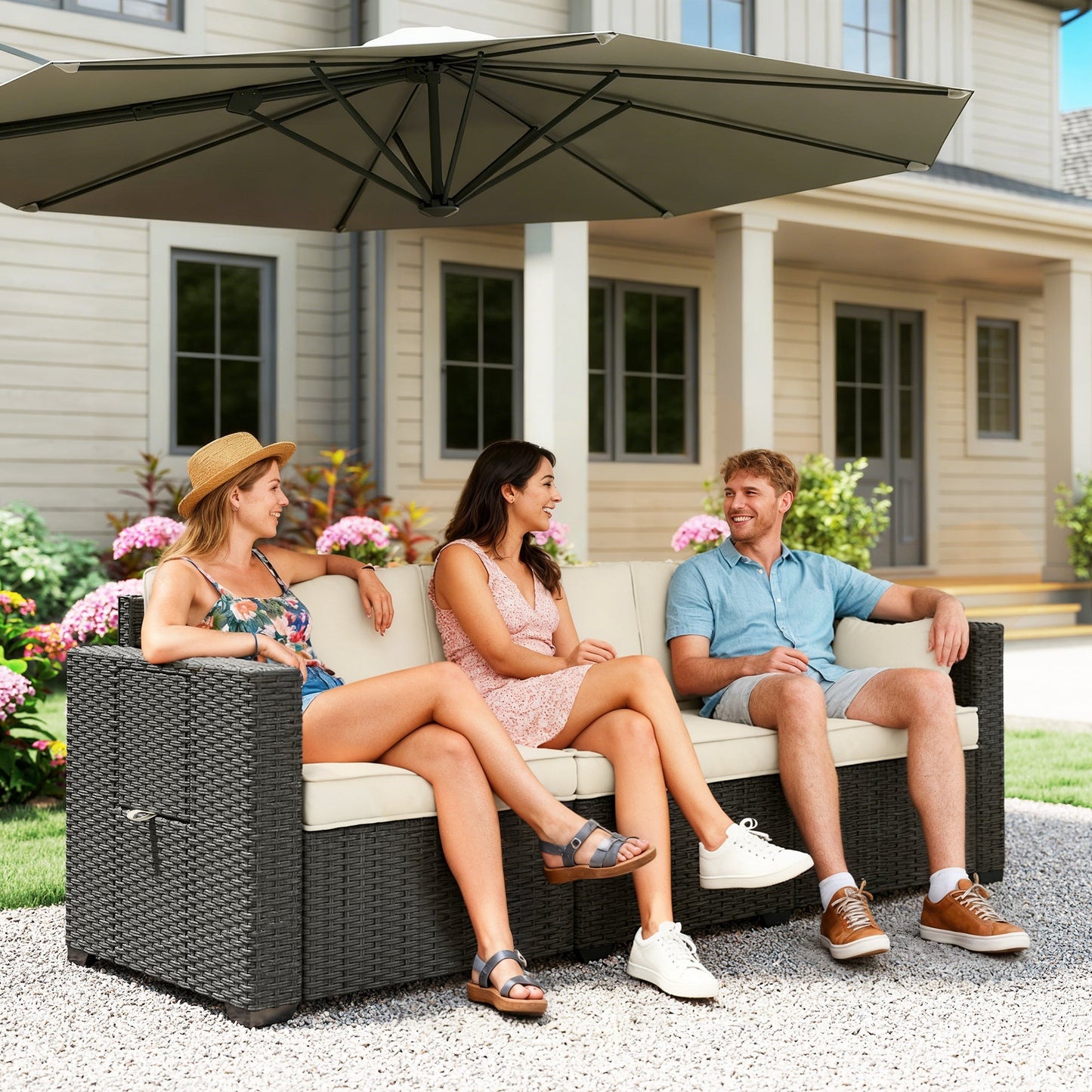 3 Seater Wicker Outdoor Sofa with Side Tray Tables, Poly Rattan Patio Sofa Couch with 6" Thick Back Cushions, Outdoor Couch with Deep Seat, Pillows for Garden, Cream White