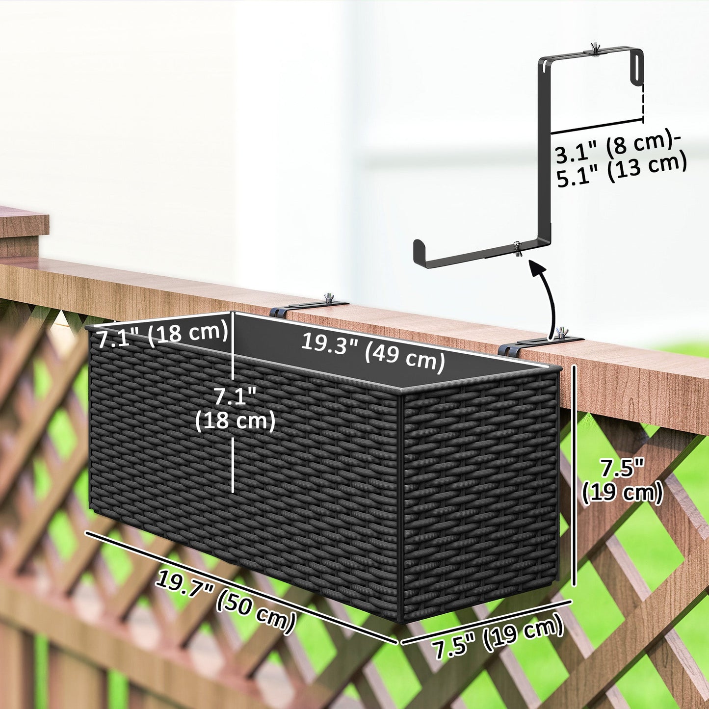 2 Pack Railing Planter Box, 20 Inch Hanging Flower Pots with Hooks and Drainage Hole, Rectangular Planters for Fence, Balcony, Garden, Patio, Rattan Look, Black