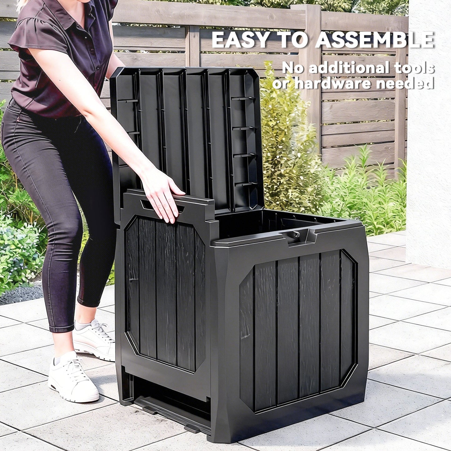 32 Gallon Deck Box, Plastic Outdoor Storage Box with Handles, Waterproof and UV Resistant Storage Container for Garden Tools and Pool Supplies, Black