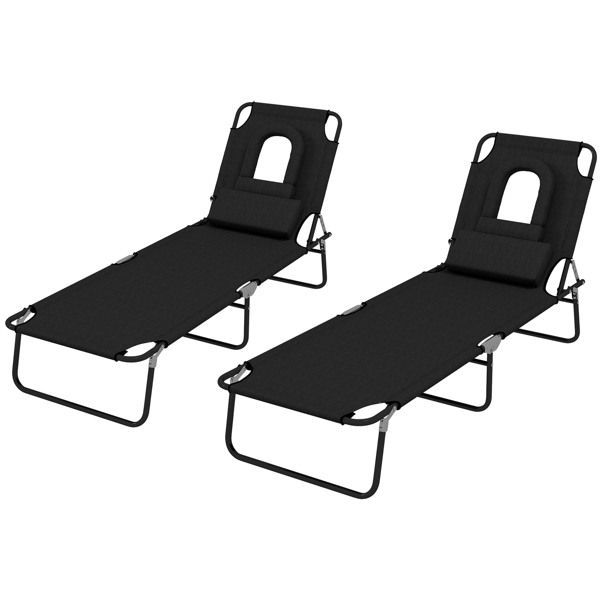 2PCS Adjustable Outdoor Lounge Chair, Garden Folding Chaise Lounge with Face Hole Reclining Tanning Chair Seat, Folding Camping Beach Lounging Bed w/ Head Support, Black