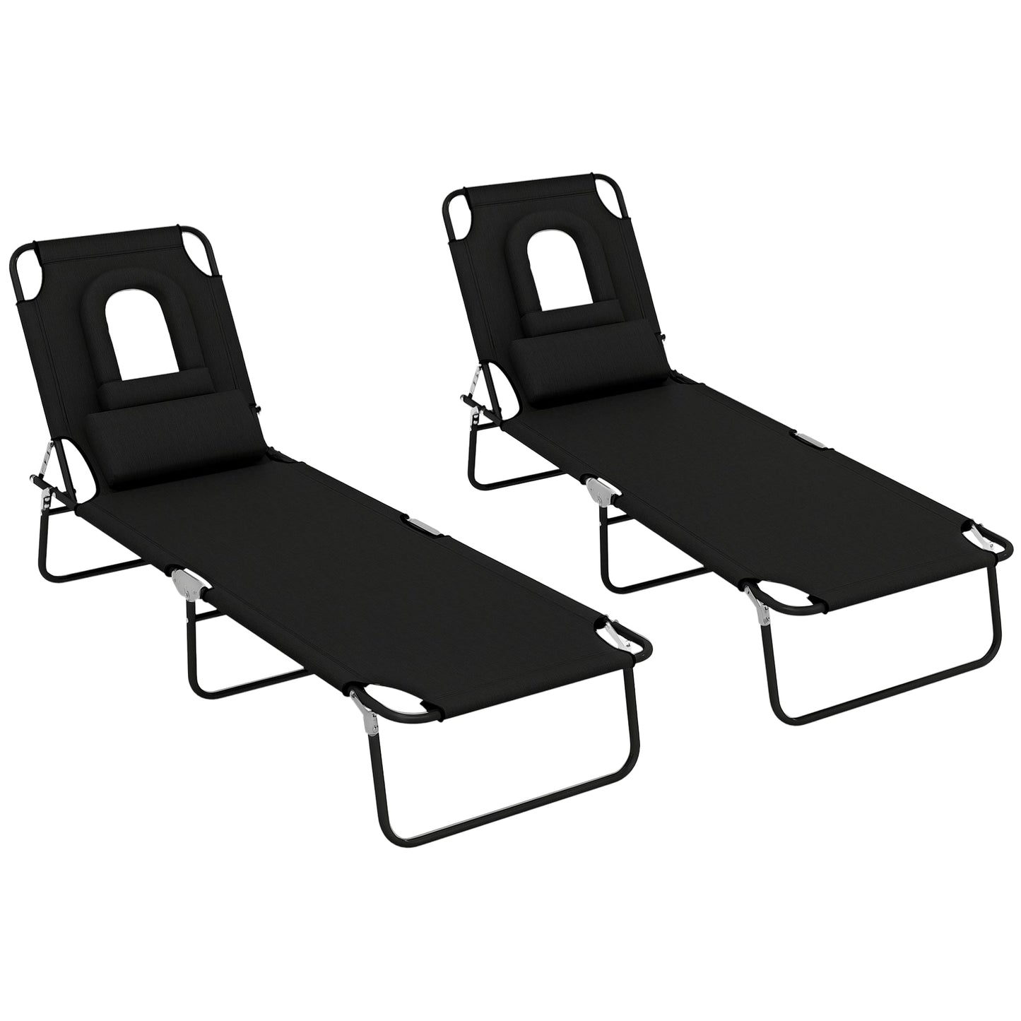 2PCS Adjustable Outdoor Lounge Chair, Garden Folding Chaise Lounge with Face Hole Reclining Tanning Chair Seat, Folding Camping Beach Lounging Bed w/ Head Support, Black