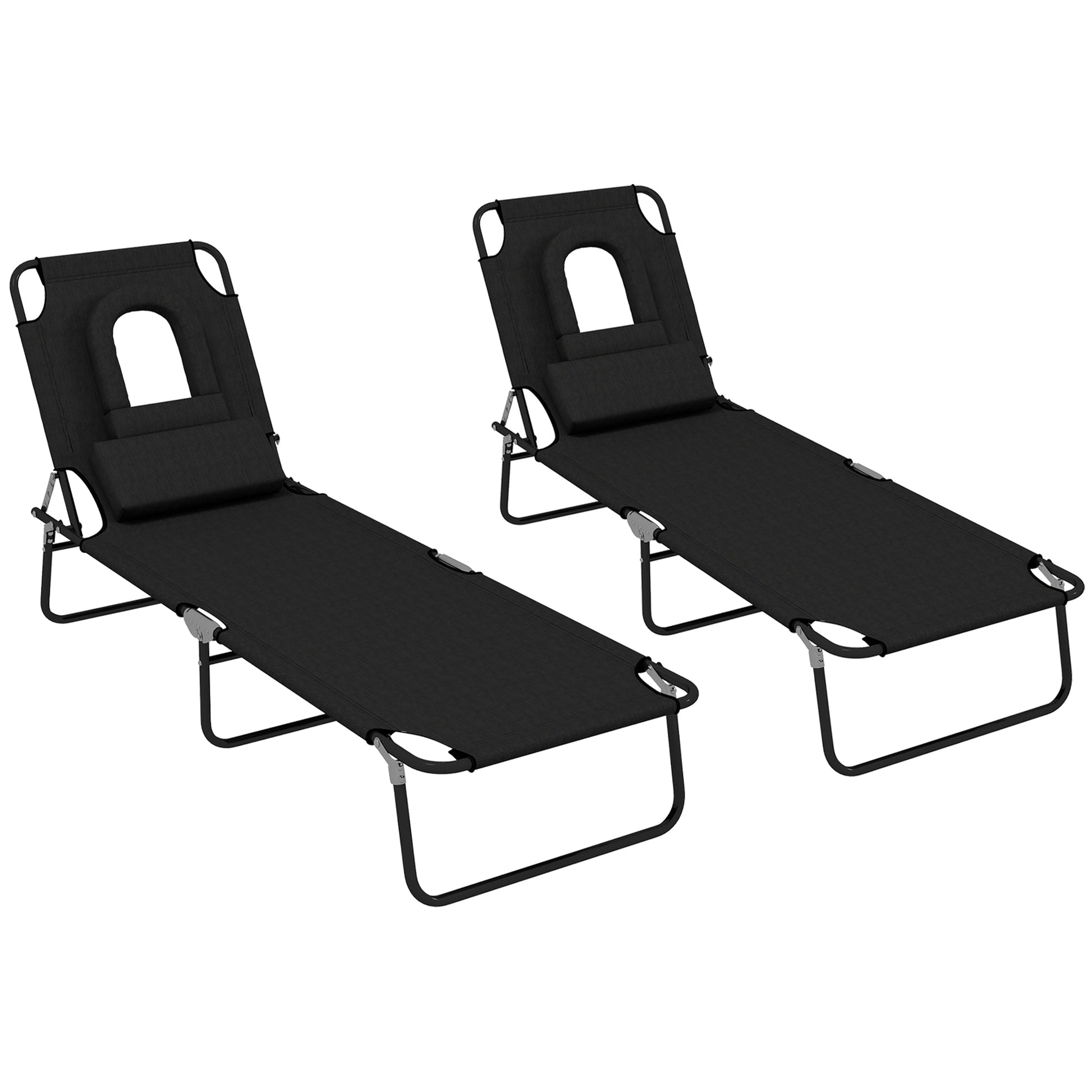 2PCS Adjustable Outdoor Lounge Chair, Garden Folding Chaise Lounge with Face Hole Reclining Tanning Chair Seat, Folding Camping Beach Lounging Bed w/ Head Support, Black