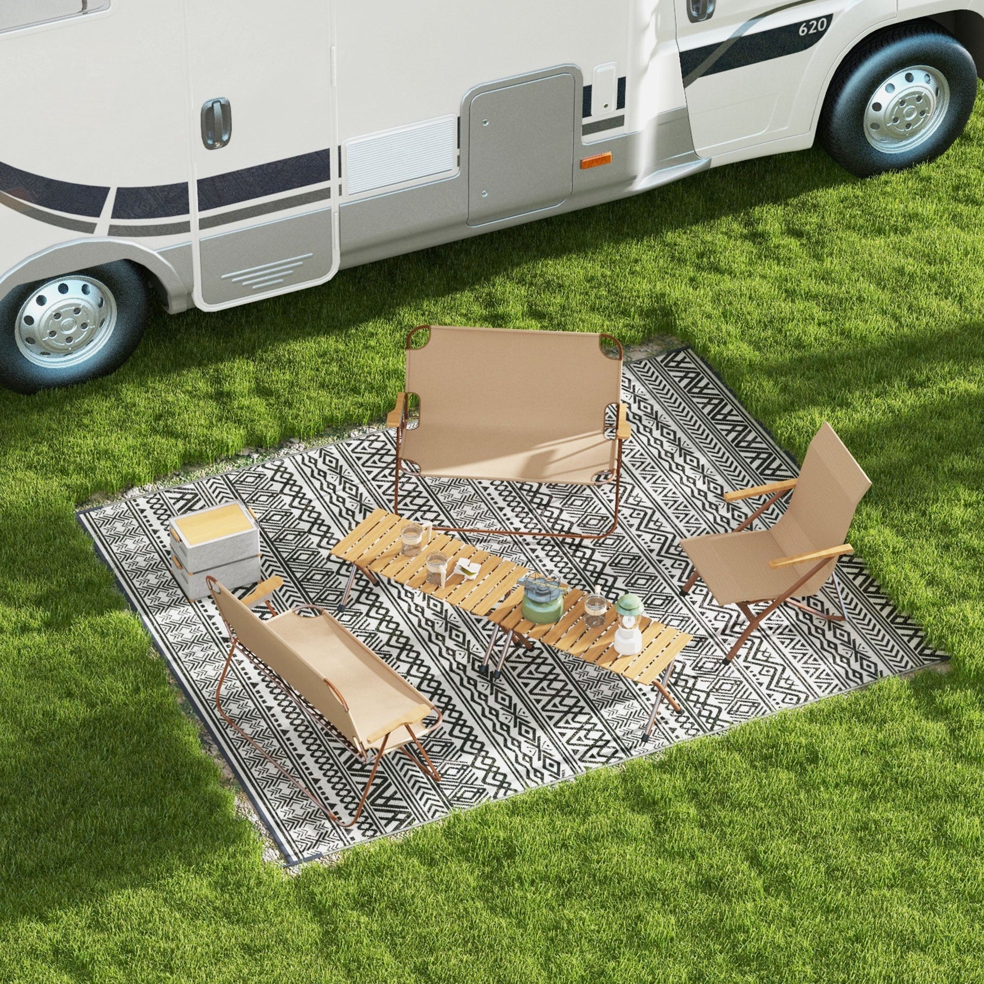 Portable Outdoor Rug with Carry Bag, 8' x 10' Reversible Mat, Waterproof Plastic Straw RV Rug for Backyard, Deck, Picnic, Beach, Camping, Grey and Cream White Boho