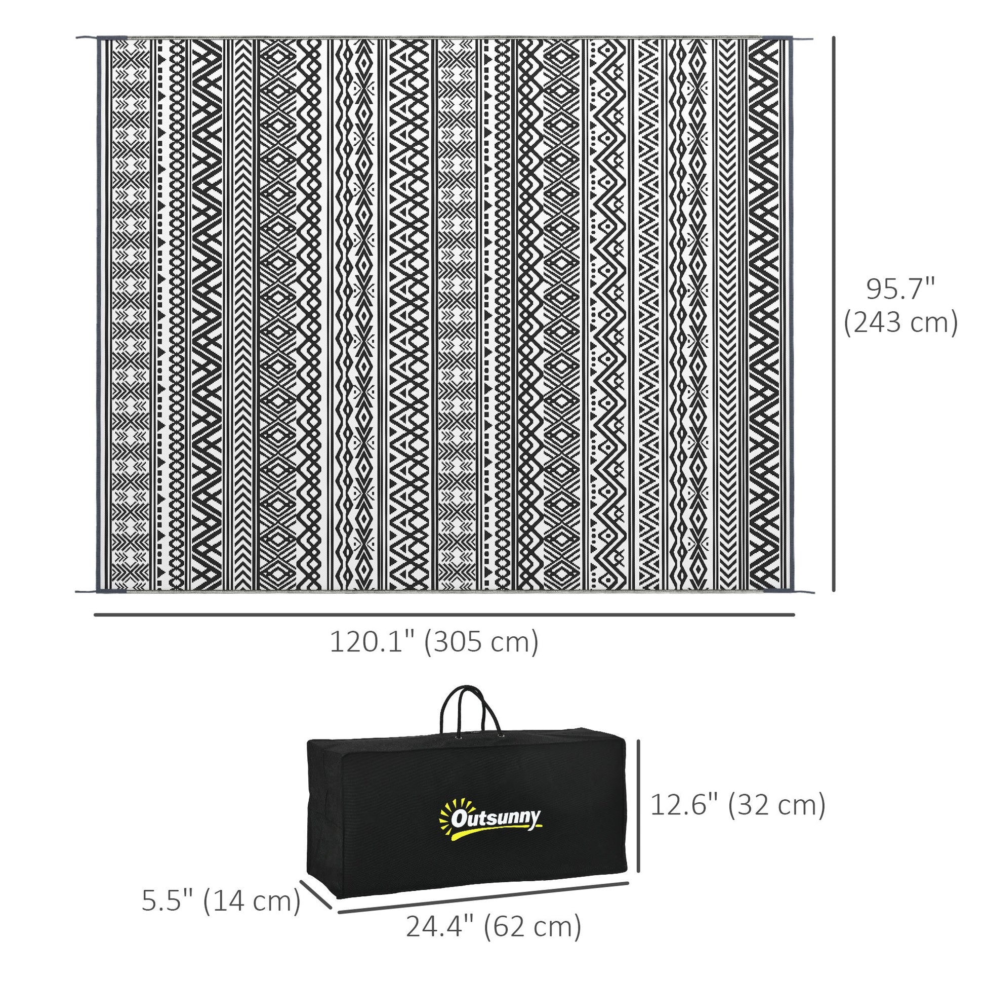 Portable Outdoor Rug with Carry Bag, 8' x 10' Reversible Mat, Waterproof Plastic Straw RV Rug for Backyard, Deck, Picnic, Beach, Camping, Grey and Cream White Boho