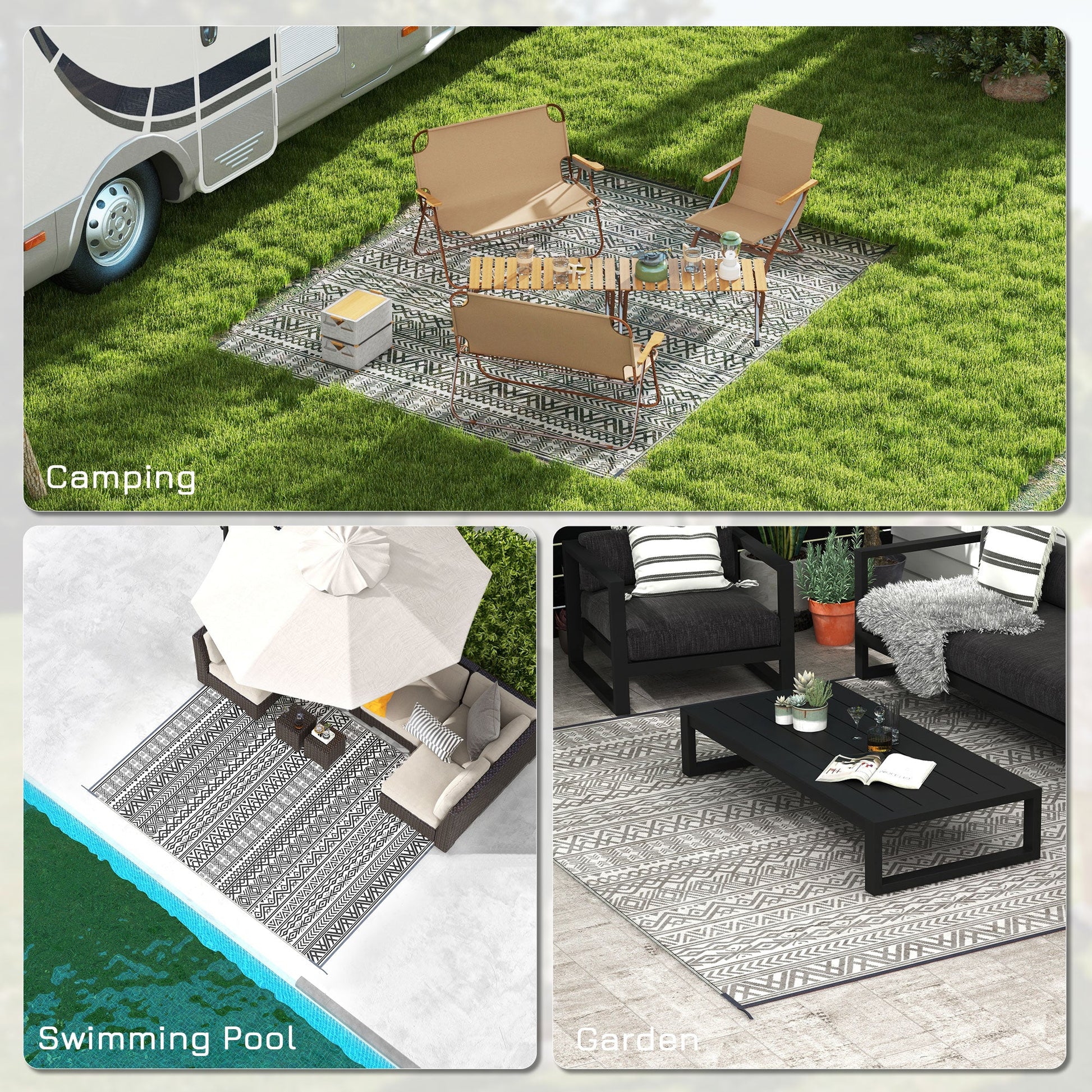 Portable Outdoor Rug with Carry Bag, 8' x 10' Reversible Mat, Waterproof Plastic Straw RV Rug for Backyard, Deck, Picnic, Beach, Camping, Grey and Cream White Boho