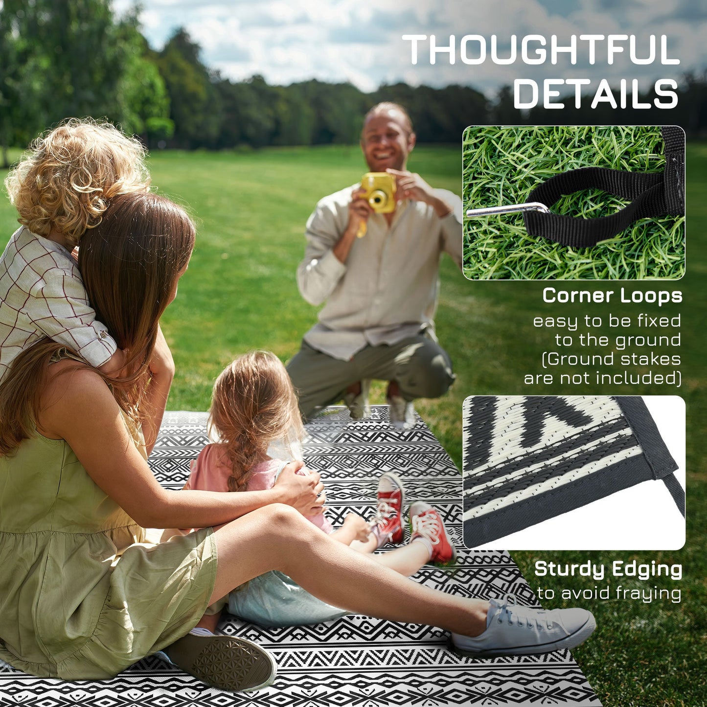 Portable Outdoor Rug with Carry Bag, 8' x 10' Reversible Mat, Waterproof Plastic Straw RV Rug for Backyard, Deck, Picnic, Beach, Camping, Grey and Cream White Boho
