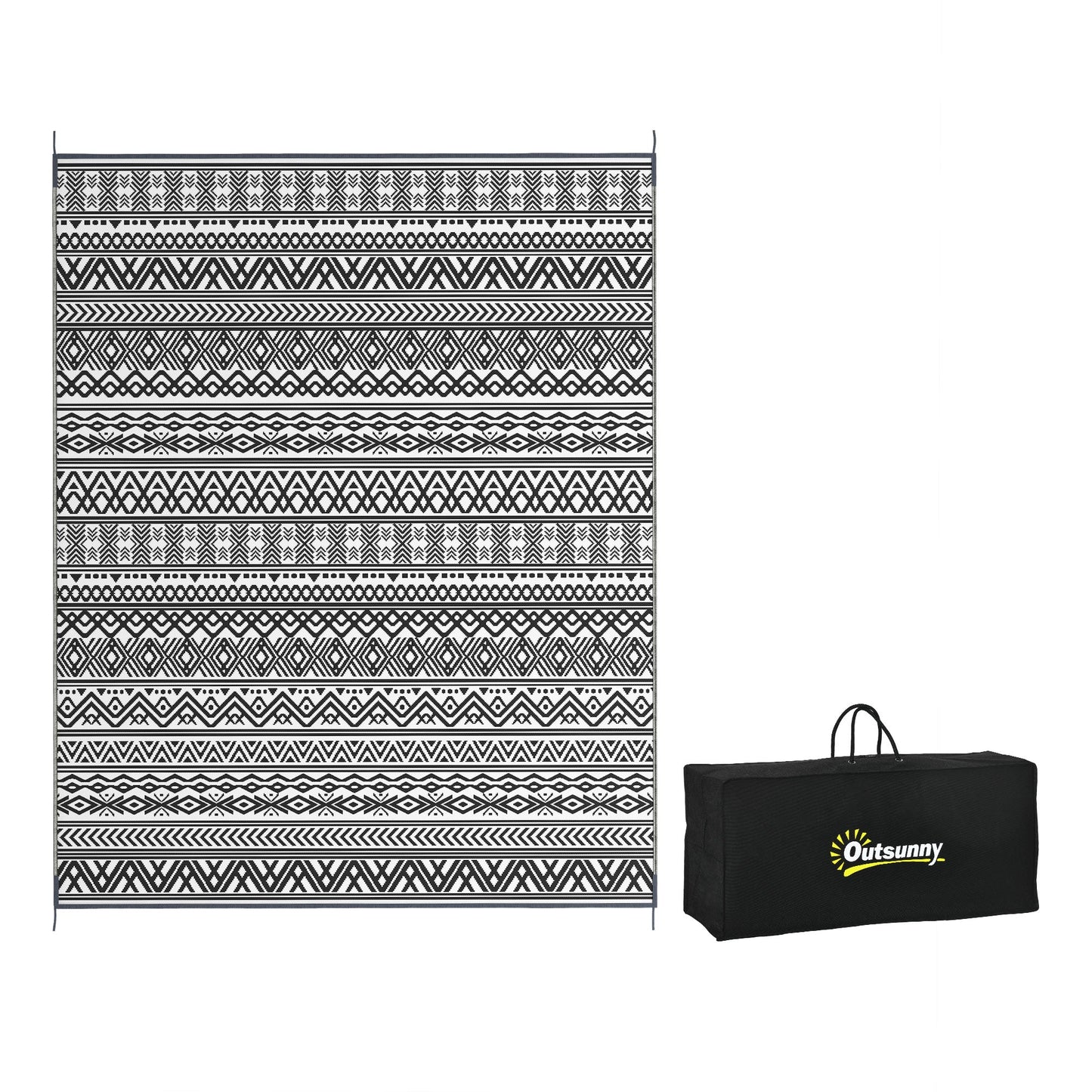Portable Outdoor Rug with Carry Bag, 8' x 10' Reversible Mat, Waterproof Plastic Straw RV Rug for Backyard, Deck, Picnic, Beach, Camping, Grey and Cream White Boho