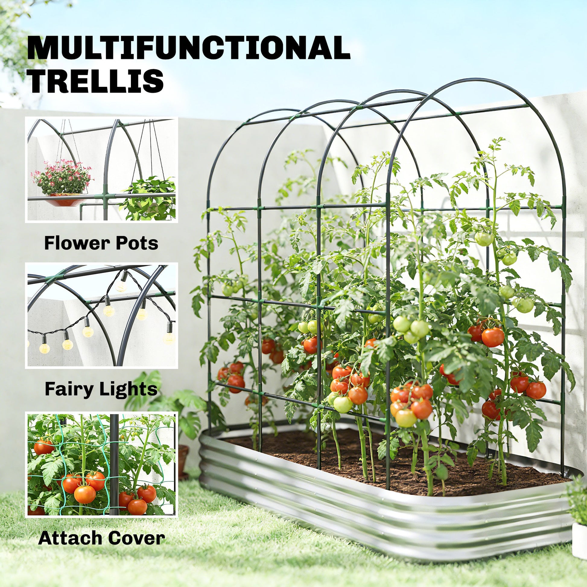 Galvanised Raised Garden Bed with Arched Trellis, 7 x 4 x 7ft Metal Outdoor Planter Box with Open Bottom Design, Modular Raised Bed with Gloves, Easy Assembly, Silver